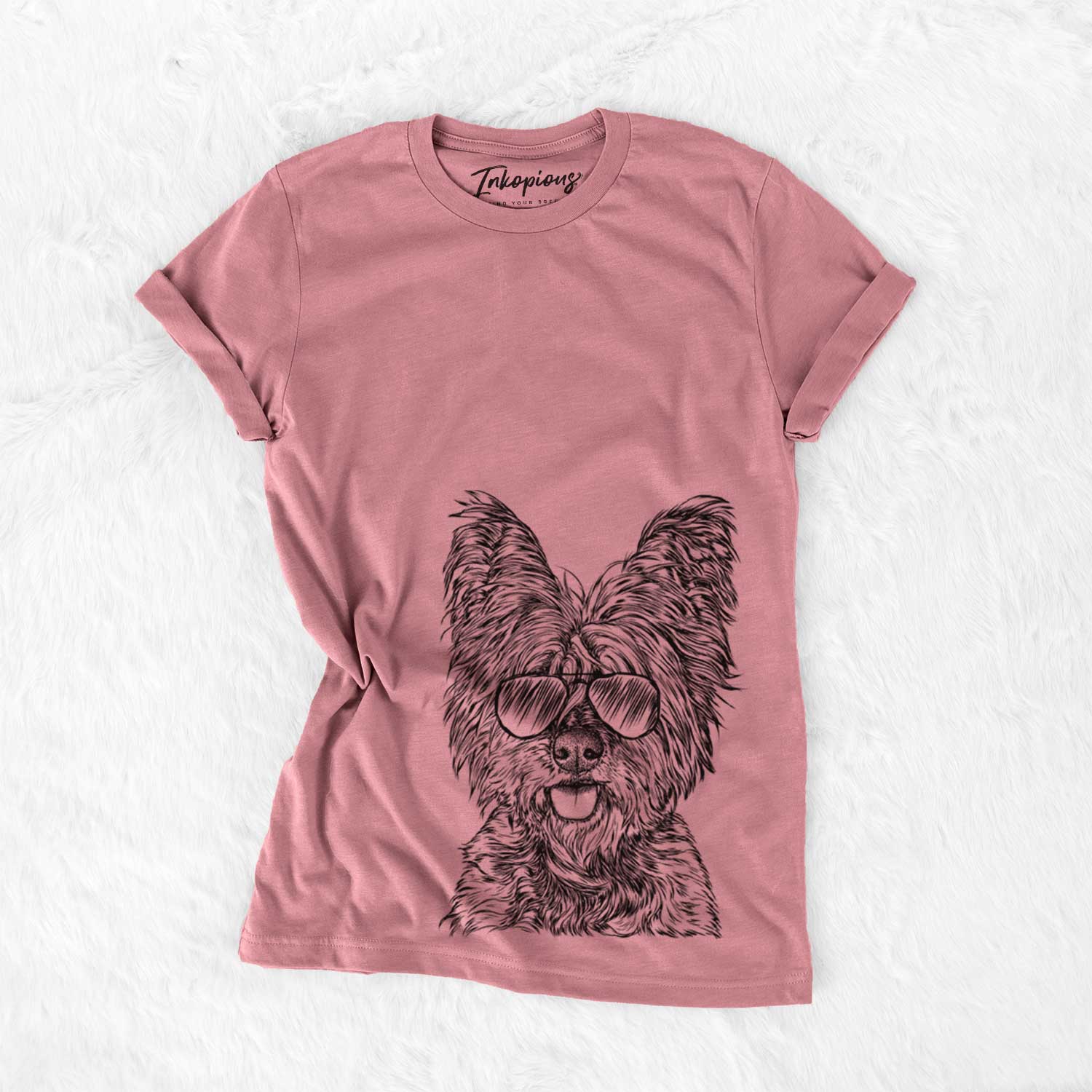 Hand-drawn sketch of McDuff the Cairn Terrier wearing aviator sunglasses on a Mauve Unisex crewneck