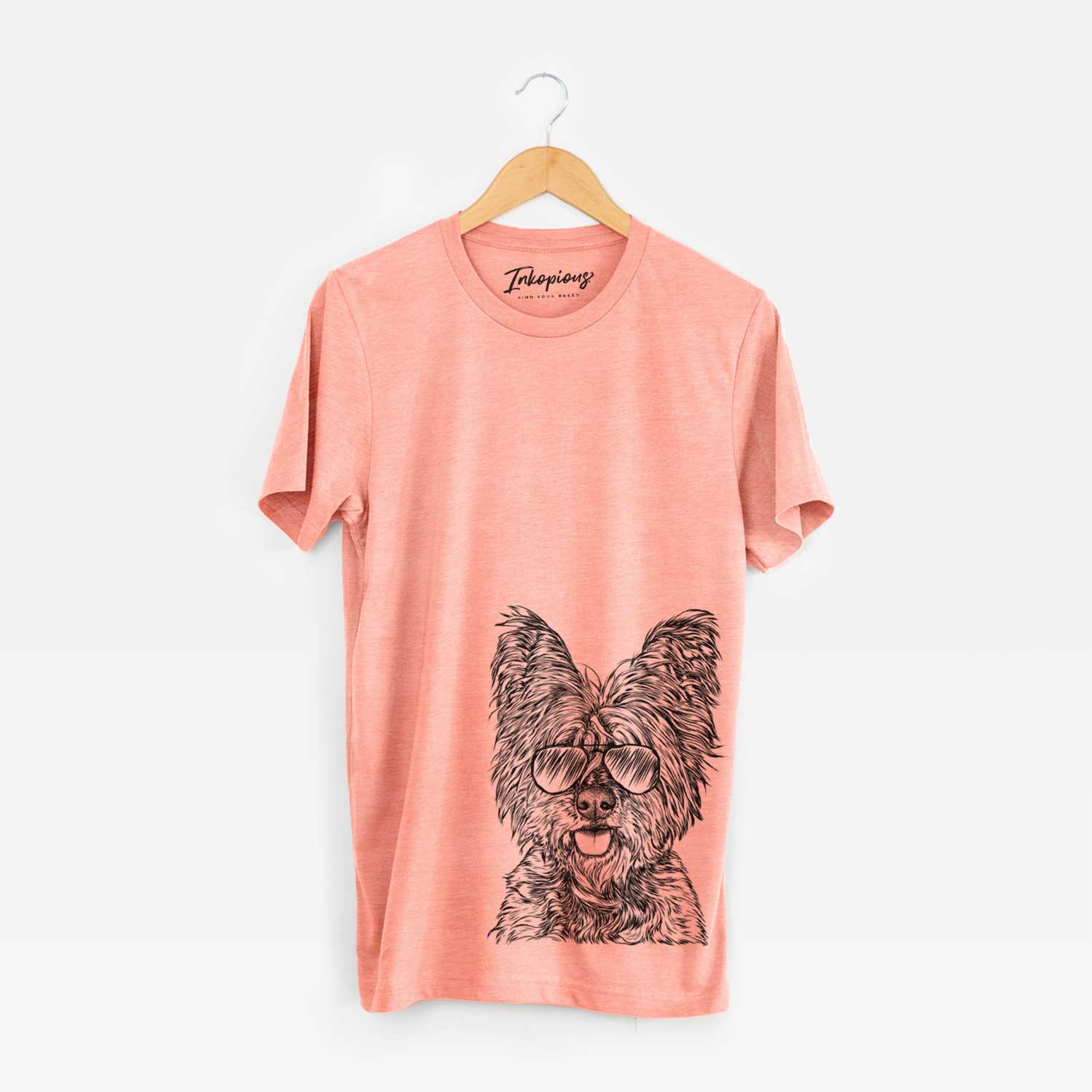 Hand-drawn sketch of McDuff the Cairn Terrier wearing aviator sunglasses on a Sunset Unisex crewneck