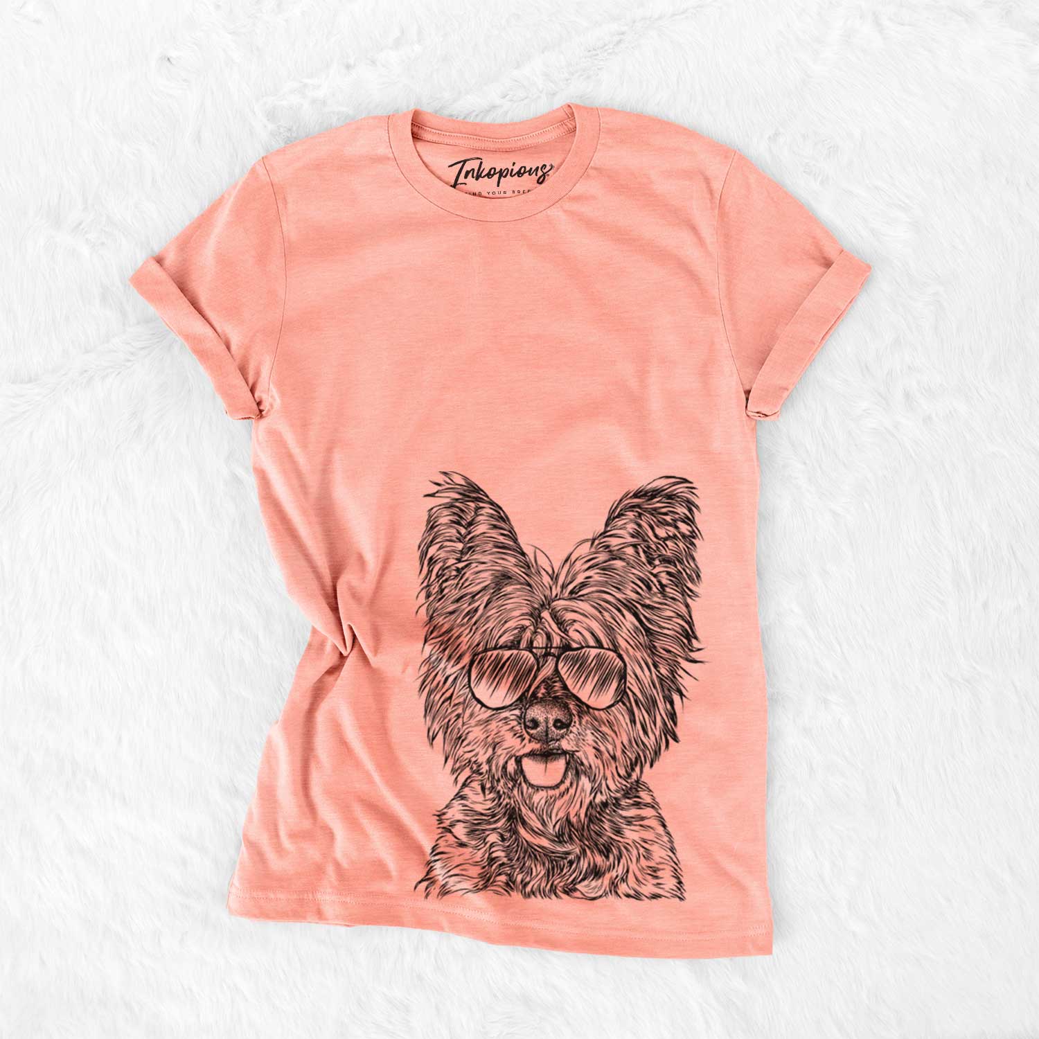 Hand-drawn sketch of McDuff the Cairn Terrier wearing aviator sunglasses on a Sunset Bella Canvas Unisex Crewneck