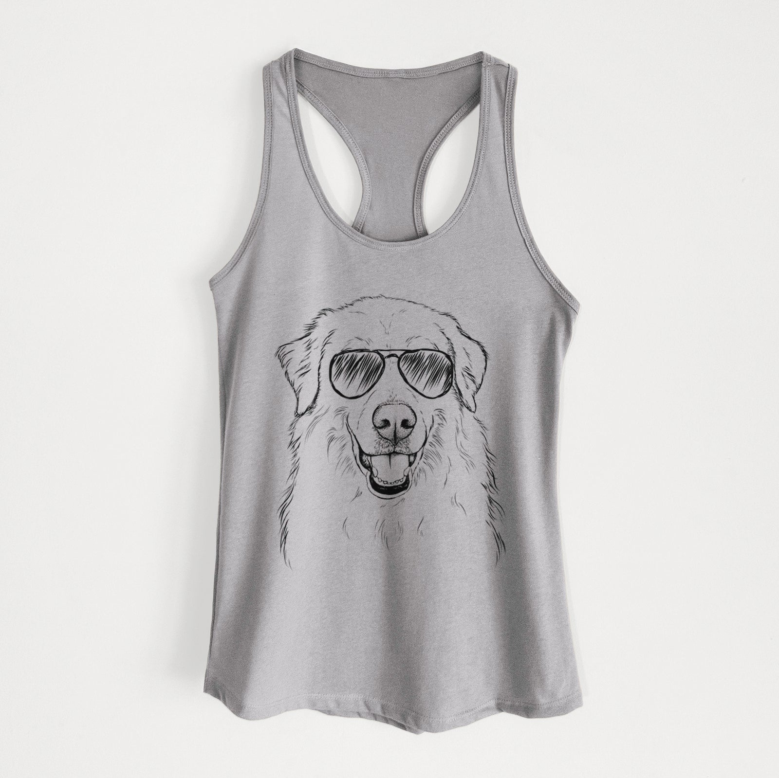 Hand-drawn sketch of Meg the Great Pyrenees wearing aviator sunglasses on a Heather Grey Women's racerback tanktop