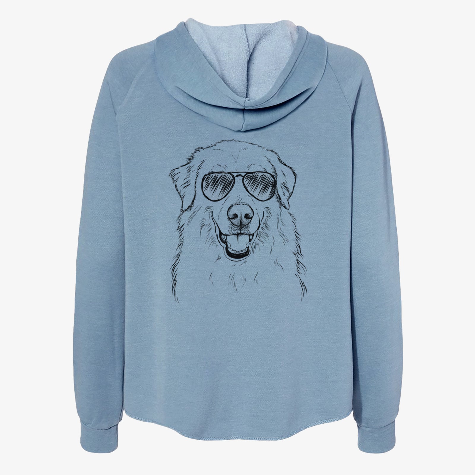 Hand-drawn sketch of Meg the Great Pyrenees wearing aviator sunglasses on a Misty Blue Women's cali wave zip-up sweatshirt