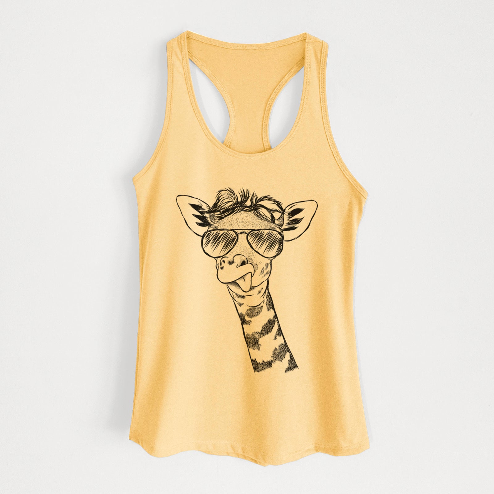 Hand-drawn sketch of Mel the Baby Giraffe wearing aviator sunglasses on a Banana Cream Women's racerback tanktop