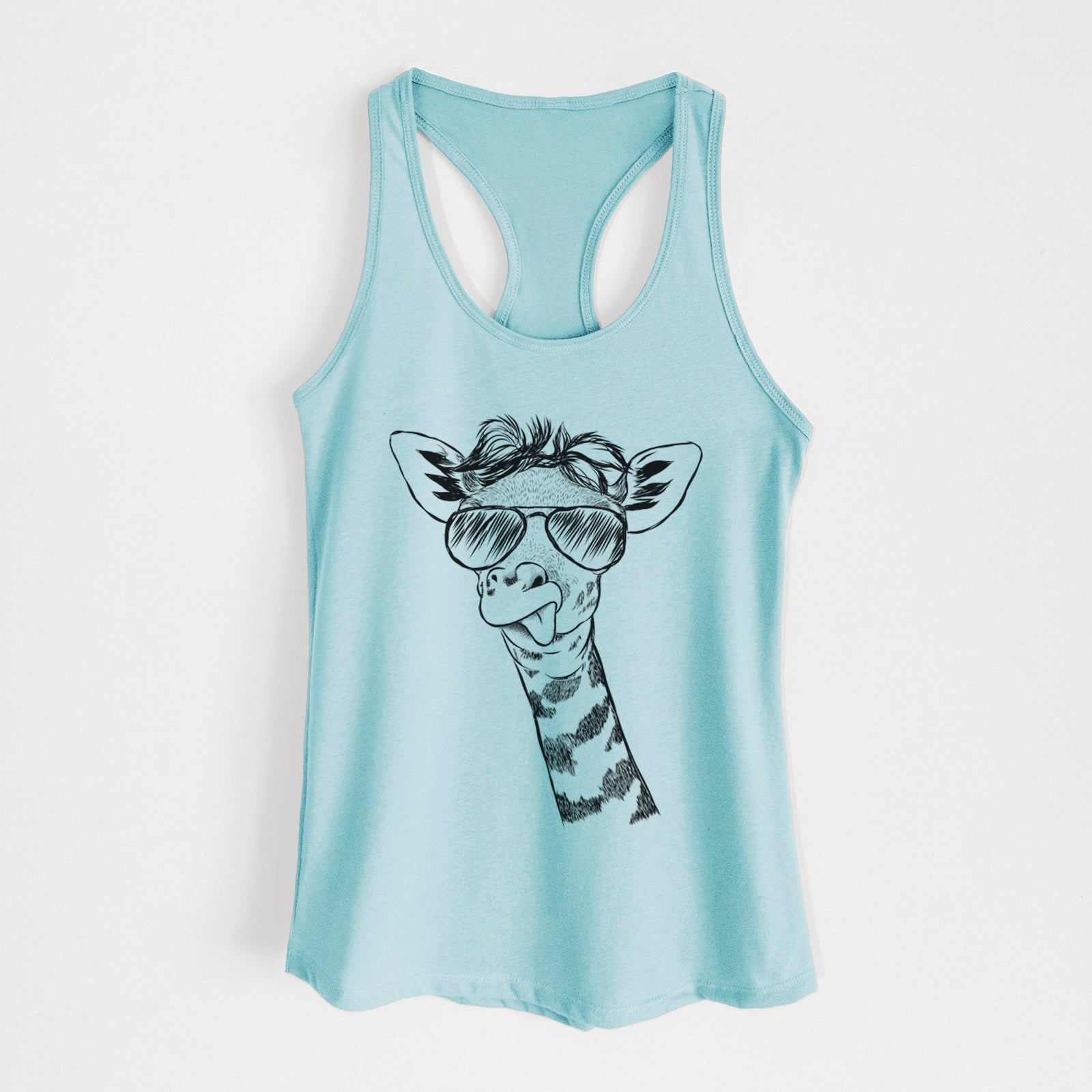 Hand-drawn sketch of Mel the Baby Giraffe wearing aviator sunglasses on a Cancun Blue Women's racerback tanktop