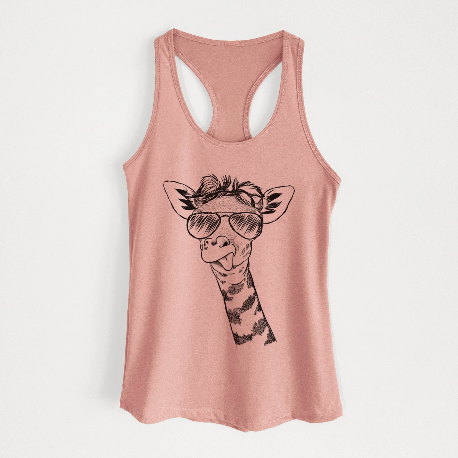Hand-drawn sketch of Mel the Baby Giraffe wearing aviator sunglasses on a Desert Pink Women's racerback tanktop