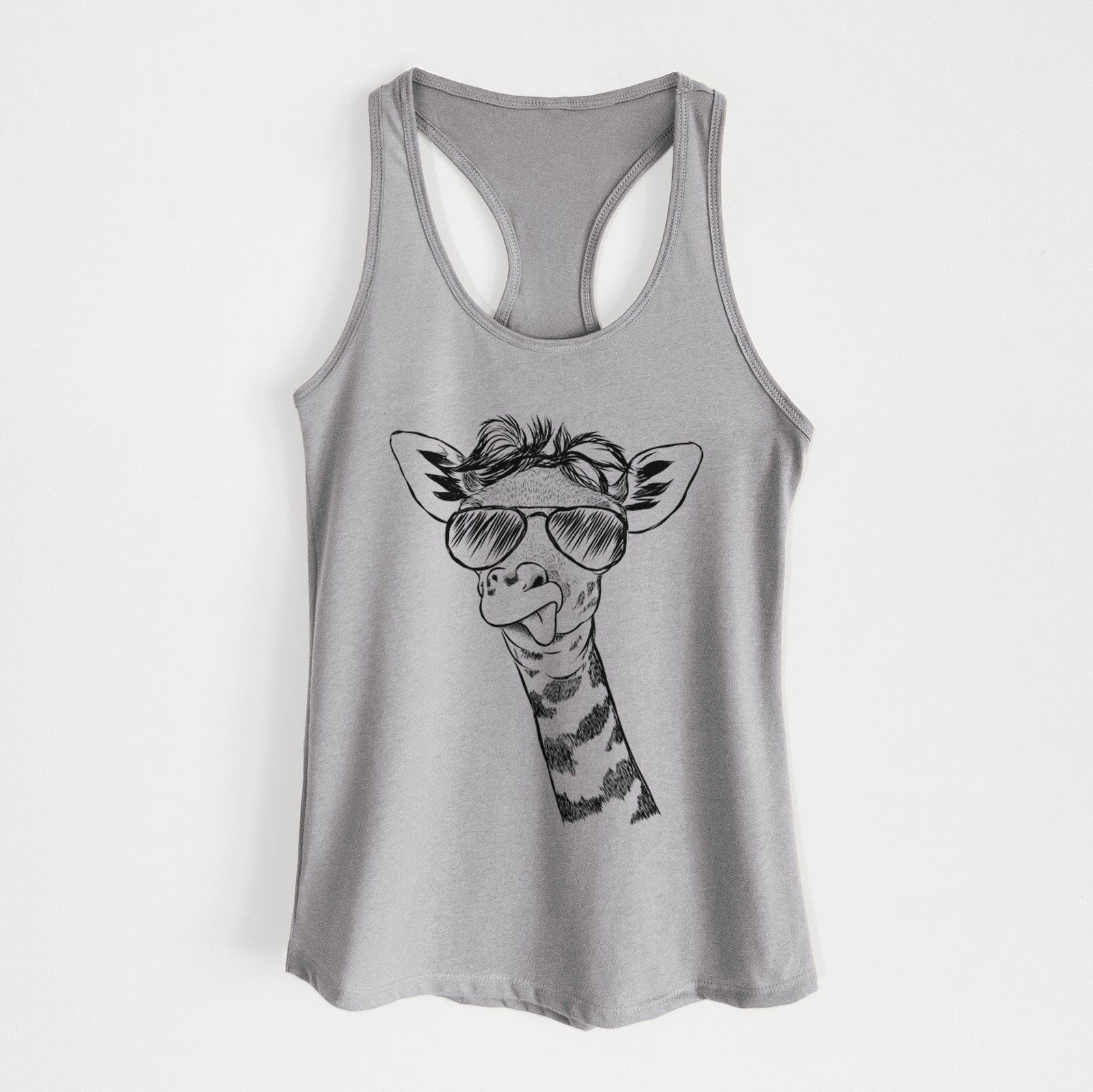 Hand-drawn sketch of Mel the Baby Giraffe wearing aviator sunglasses on a Heather Grey Women's racerback tanktop
