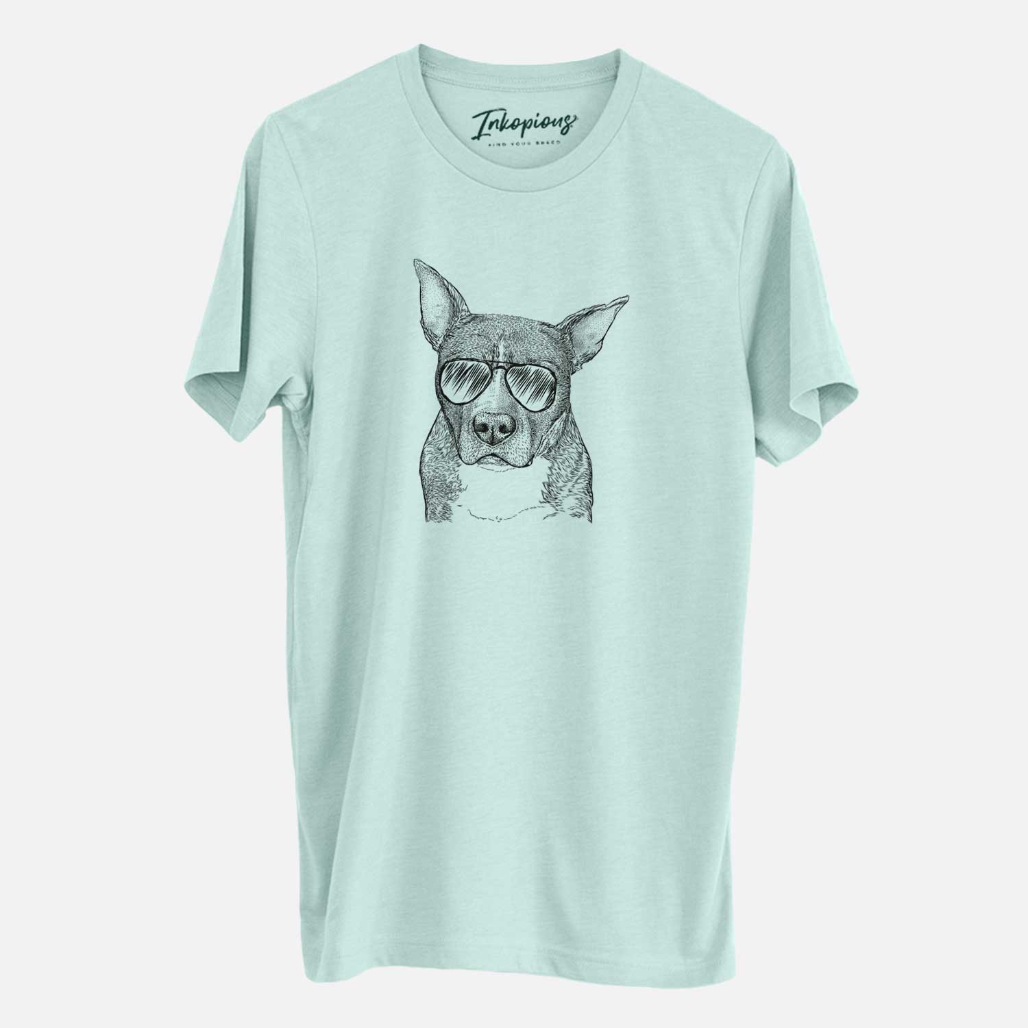 Hand-drawn sketch of Mercy the Pitbull wearing aviator sunglasses on a Heather Sage Unisex crewneck