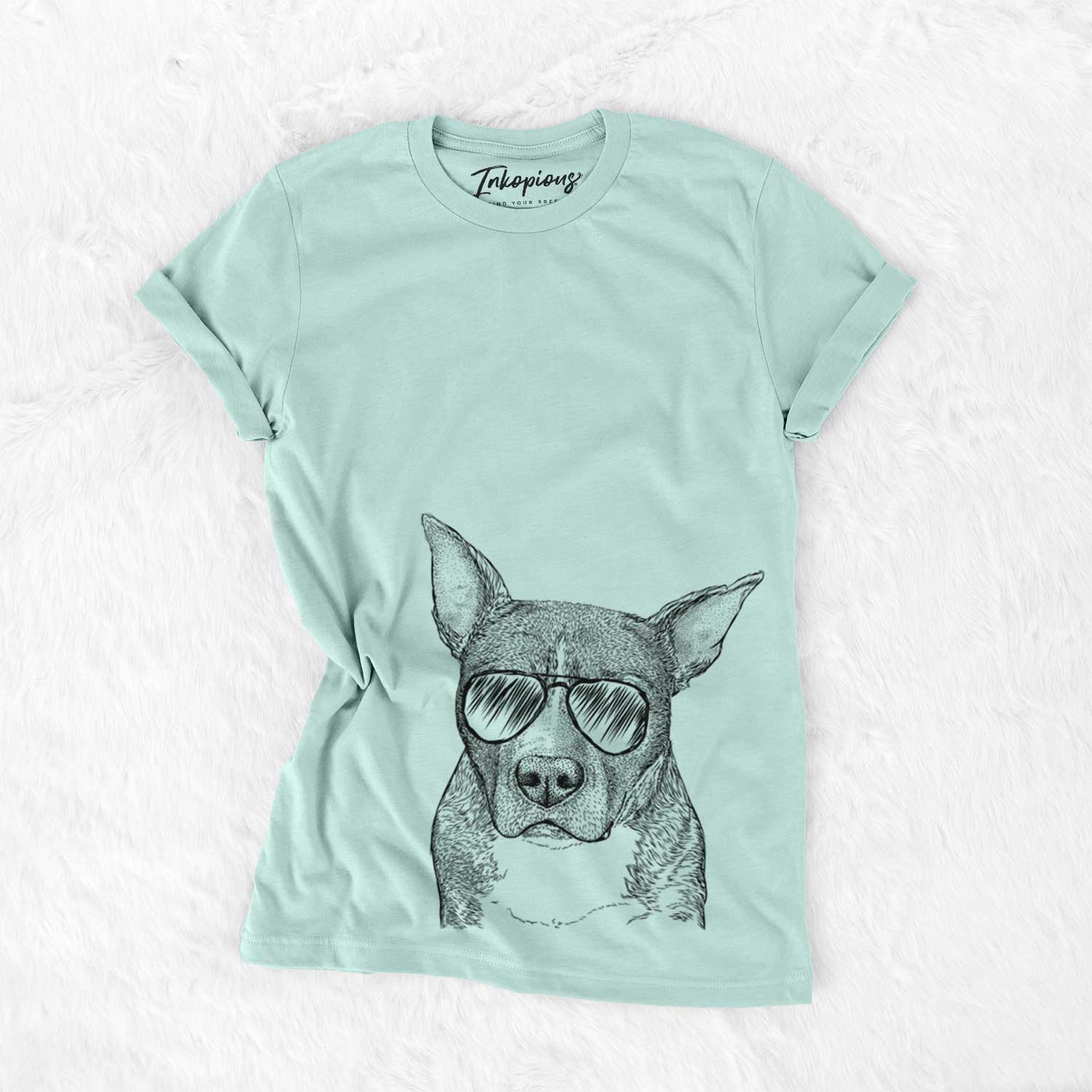 Hand-drawn sketch of Mercy the Pitbull wearing aviator sunglasses on a Heather Sage Unisex crewneck