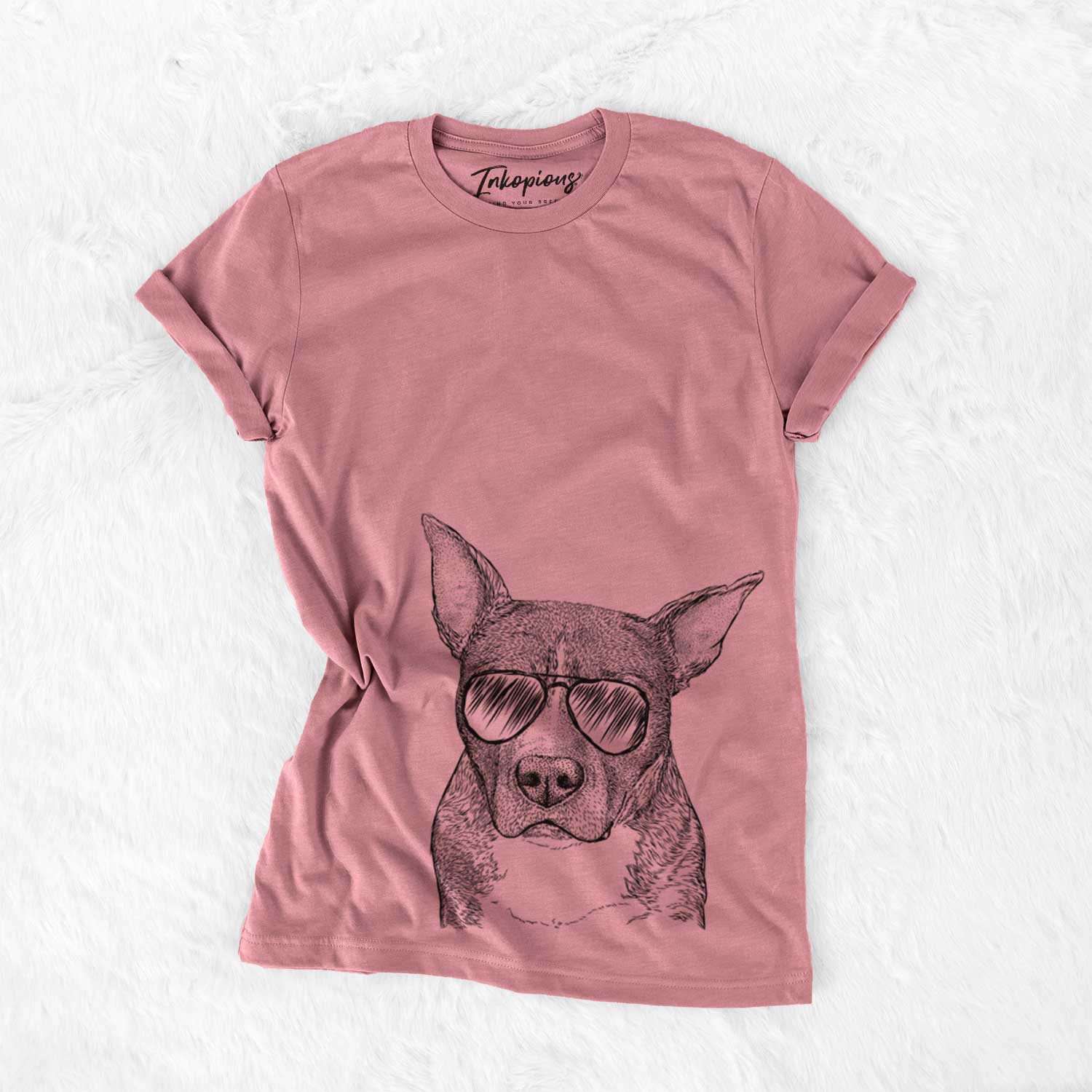 Hand-drawn sketch of Mercy the Pitbull wearing aviator sunglasses on a Mauve Unisex crewneck