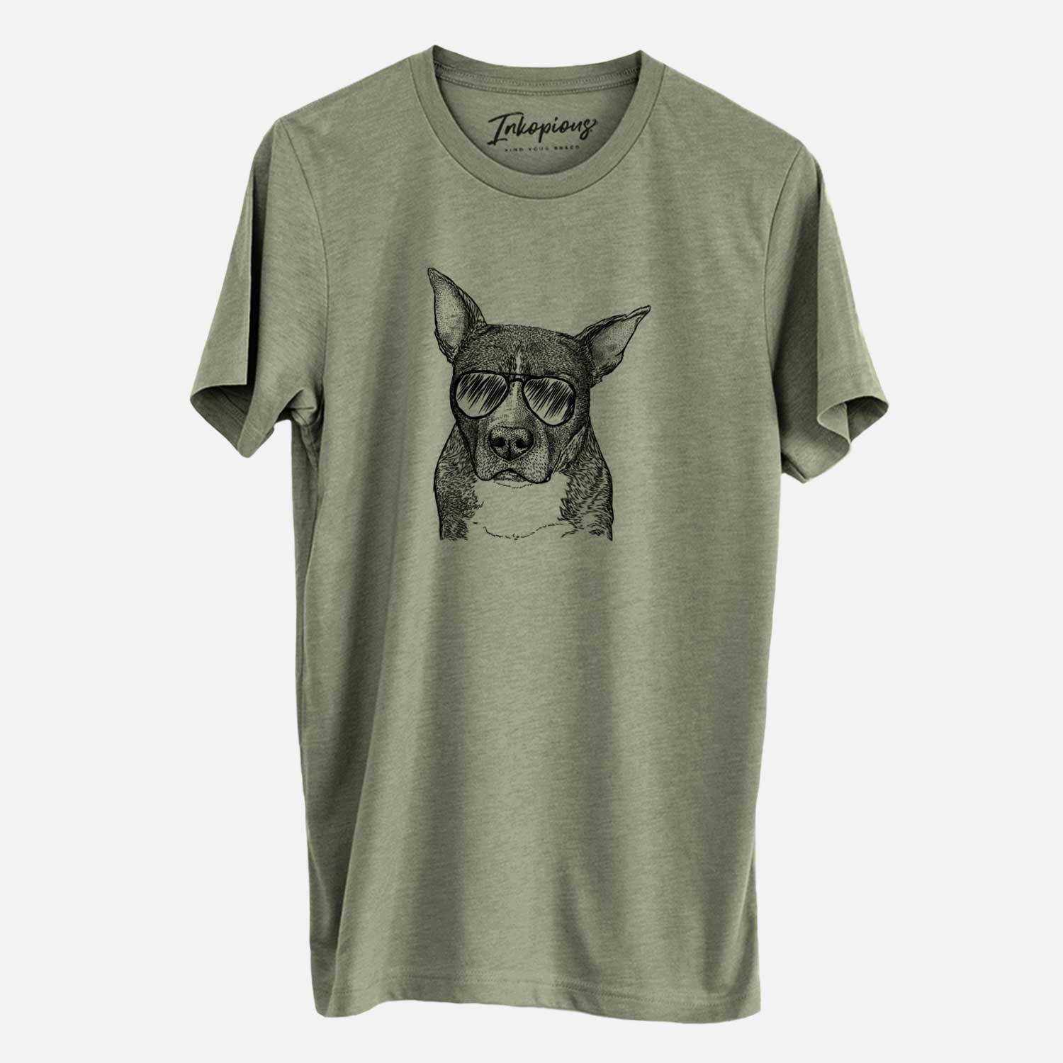 Hand-drawn sketch of Mercy the Pitbull wearing aviator sunglasses on an Olive Unisex crewneck