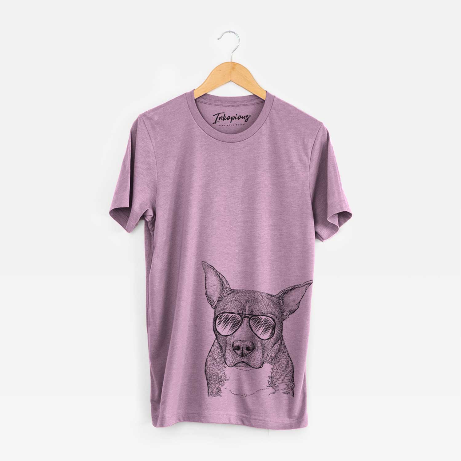 Hand-drawn sketch of Mercy the Pitbull wearing aviator sunglasses on an Orchid Unisex crewneck