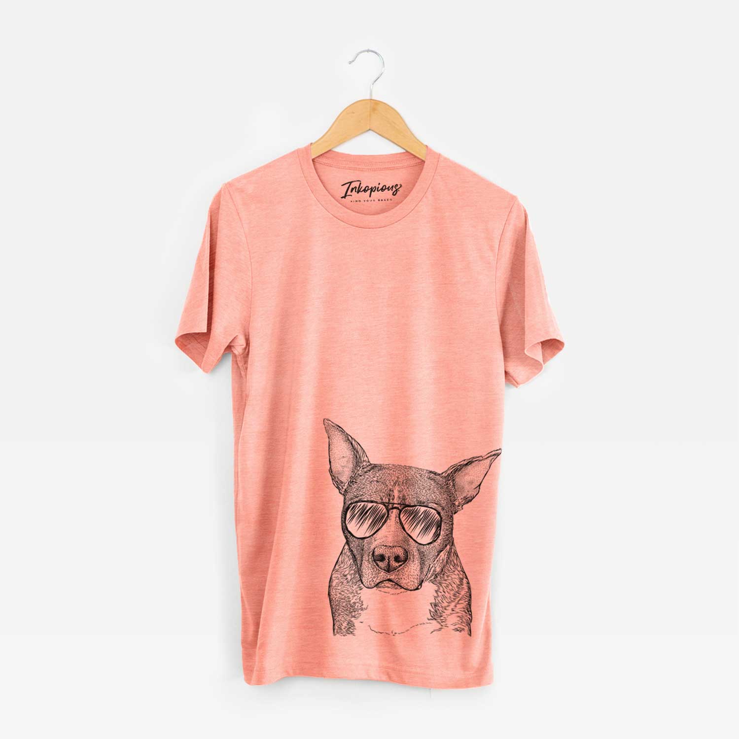 Hand-drawn sketch of Mercy the Pitbull wearing aviator sunglasses on a Sunset Unisex crewneck