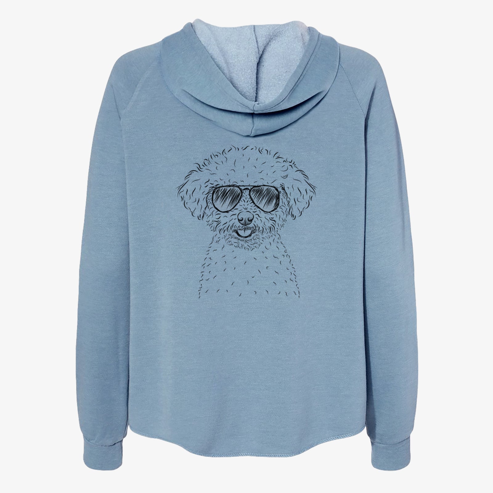 Hand-drawn sketch of Mickey the Bichon Frise wearing aviator sunglasses on a Misty Blue Women's cali wave zip-up sweatshirt