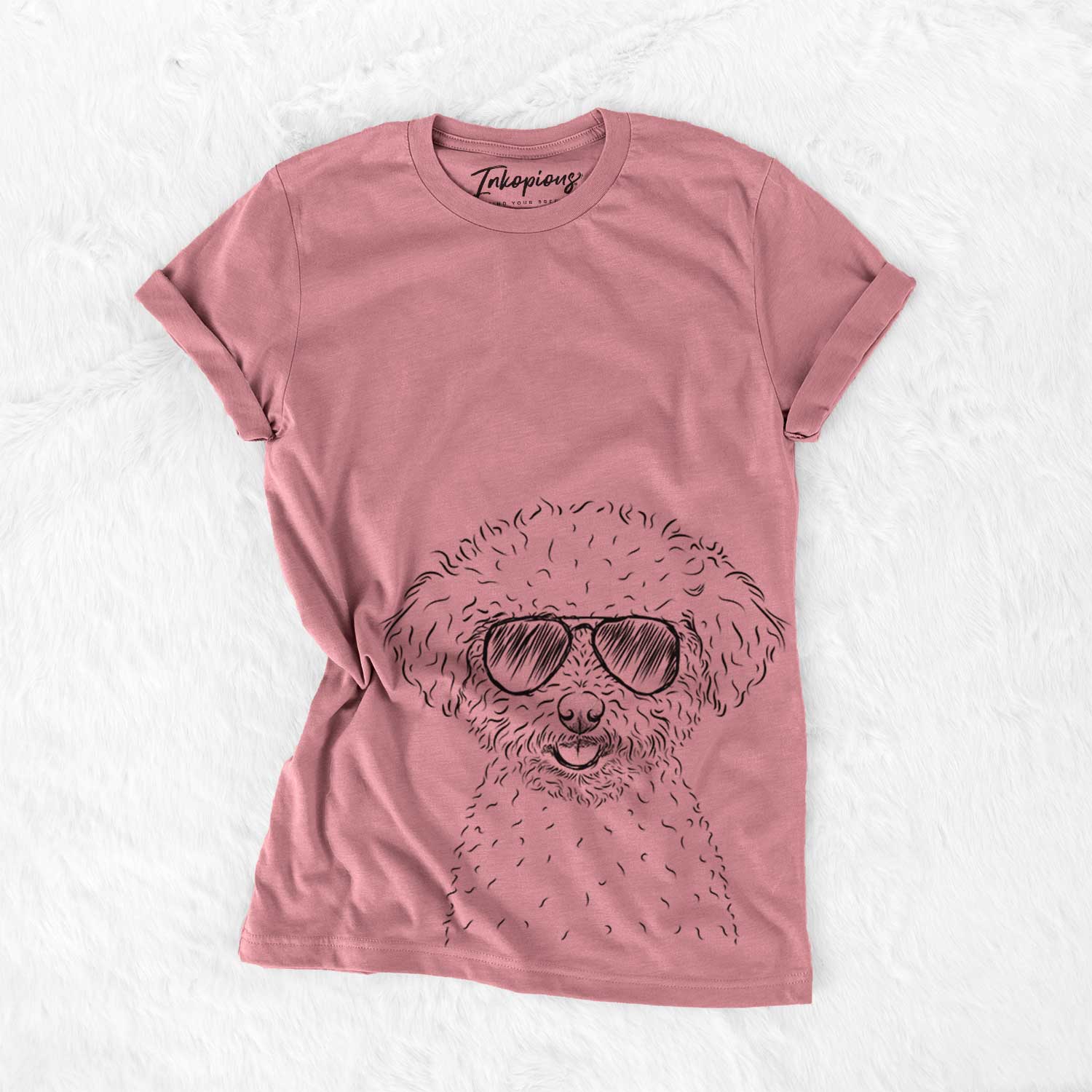 Hand-drawn sketch of Mickey the Bichon Frise wearing aviator sunglasses on a Mauve Bella Canvas Unisex Crewneck