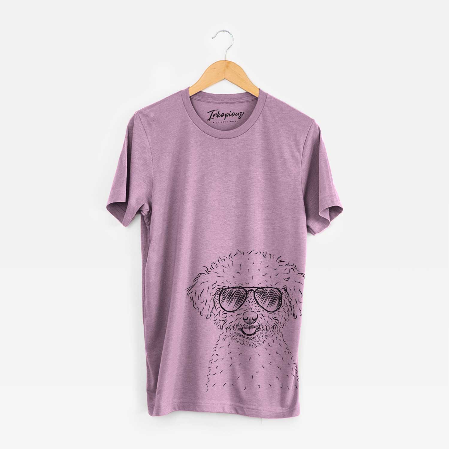 Hand-drawn sketch of Mickey the Bichon Frise wearing aviator sunglasses on an Orchid Bella Canvas Unisex Crewneck