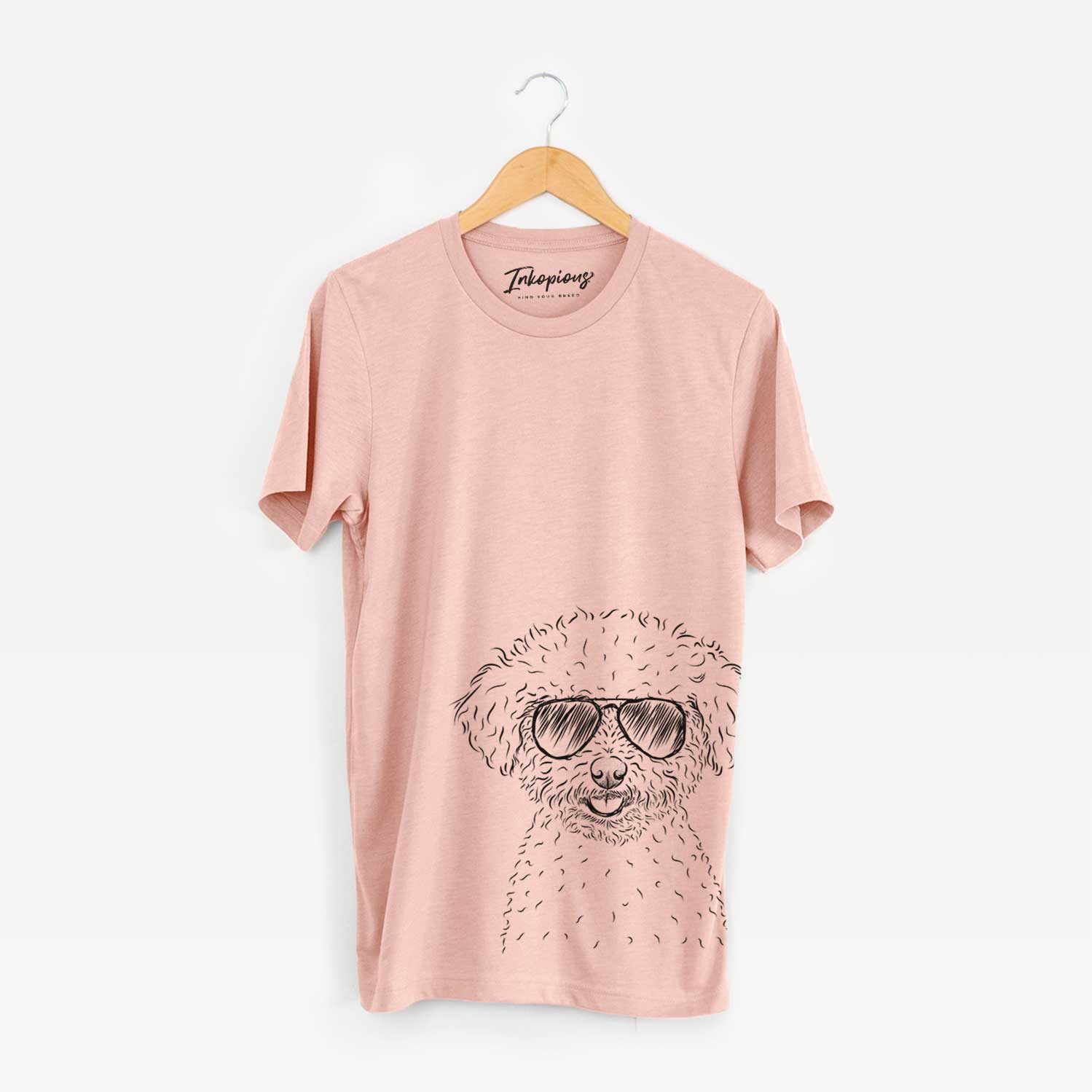 Hand-drawn sketch of Mickey the Bichon Frise wearing aviator sunglasses on a Peach Bella Canvas Unisex Crewneck
