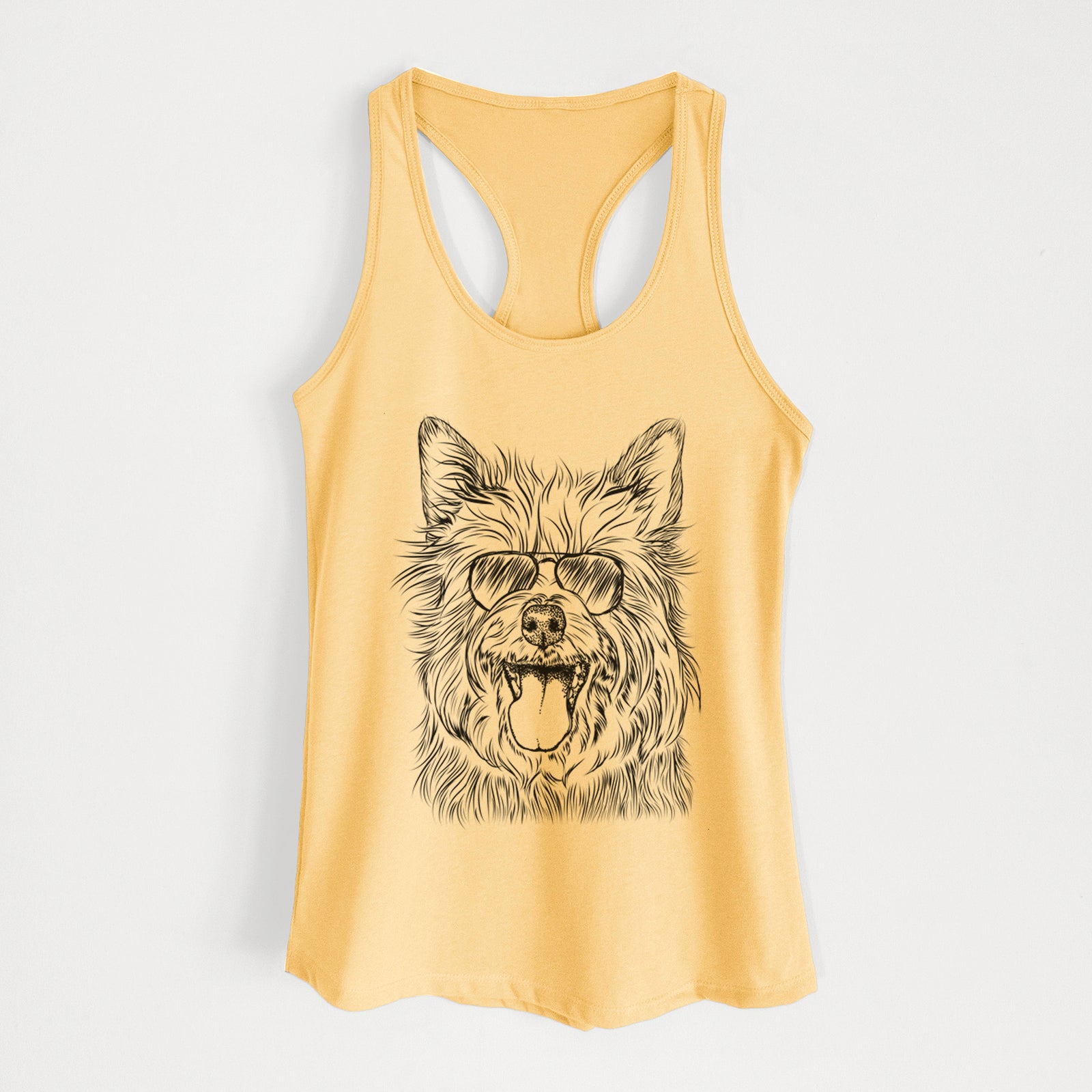 Hand-drawn sketch of Middy the Australian Terrier wearing aviator sunglasses on a Banana Cream Women's racerback tanktop
