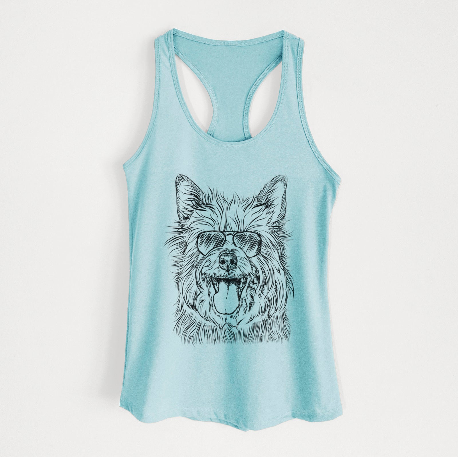 Hand-drawn sketch of Middy the Australian Terrier wearing aviator sunglasses on a Cancun Blue Women's racerback tanktop