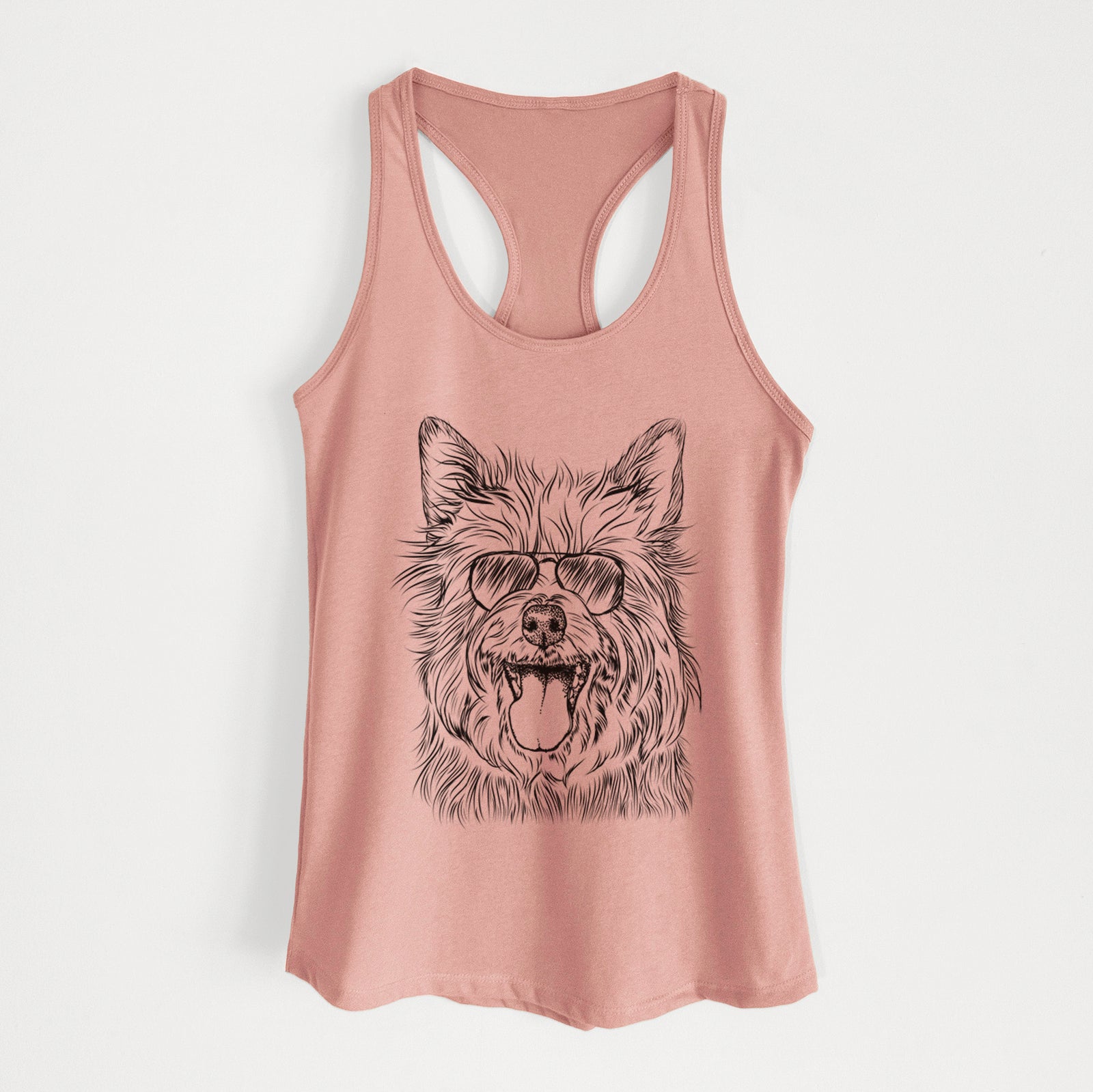 Hand-drawn sketch of Middy the Australian Terrier wearing aviator sunglasses on a Desert Pink Women's racerback tanktop