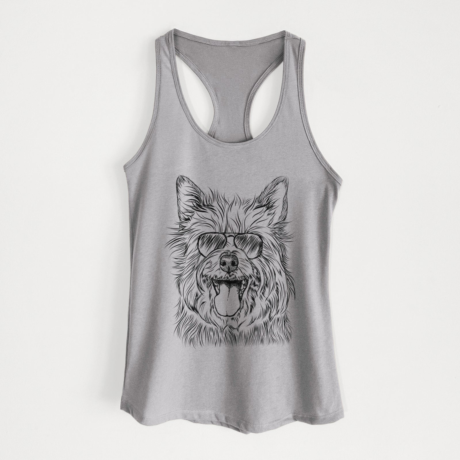 Hand-drawn sketch of Middy the Australian Terrier wearing aviator sunglasses on a Heather Grey Women's racerback tanktop