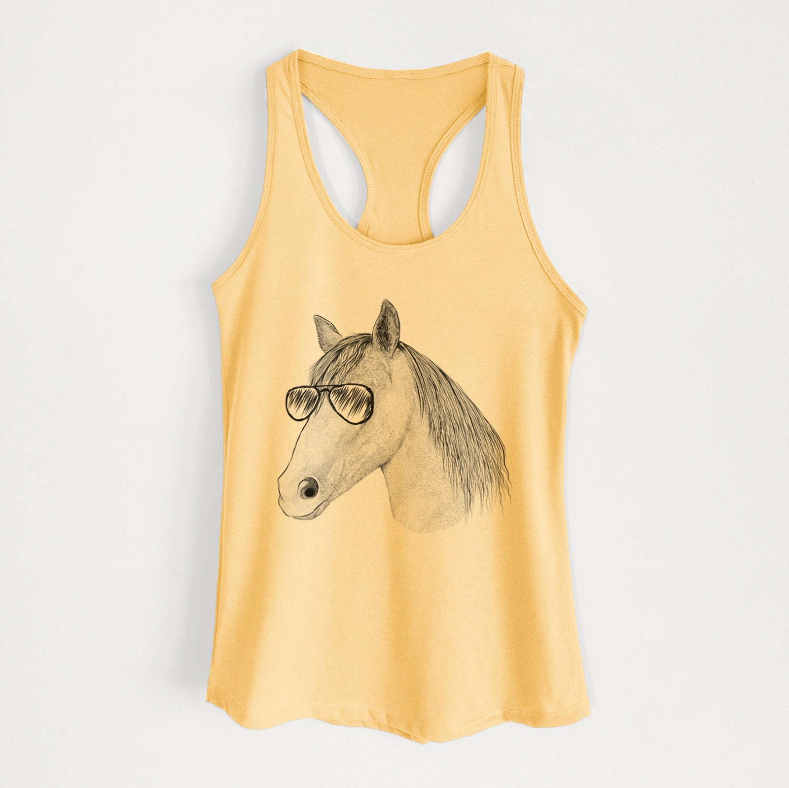 Hand-drawn sketch of Midnight the Missouri Foxtrotter Horse wearing aviator sunglasses on a Banana Cream Women's racerback tanktop