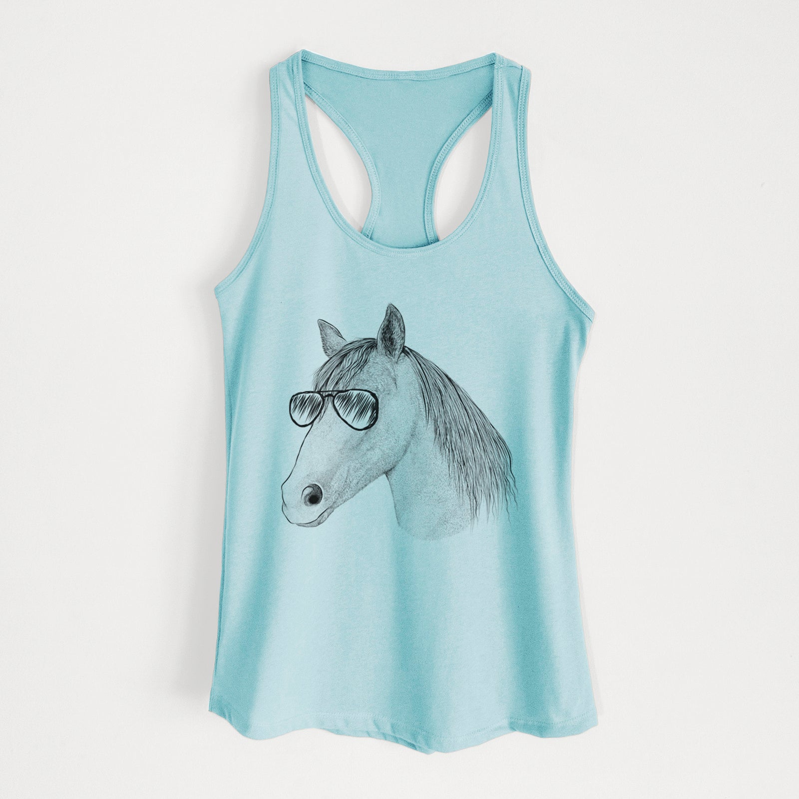 Hand-drawn sketch of Midnight the Missouri Foxtrotter Horse wearing aviator sunglasses on a Cancun Blue Women's racerback tanktop