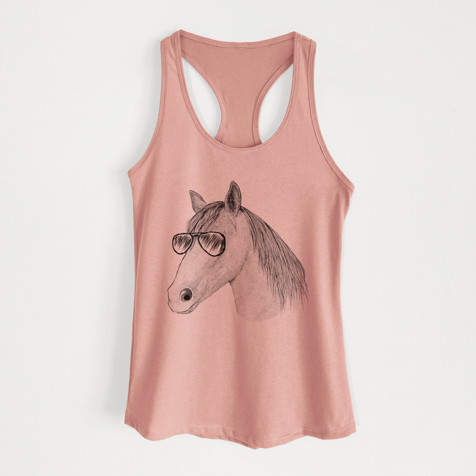 Hand-drawn sketch of Midnight the Missouri Foxtrotter Horse wearing aviator sunglasses on a Desert Pink Women's racerback tanktop