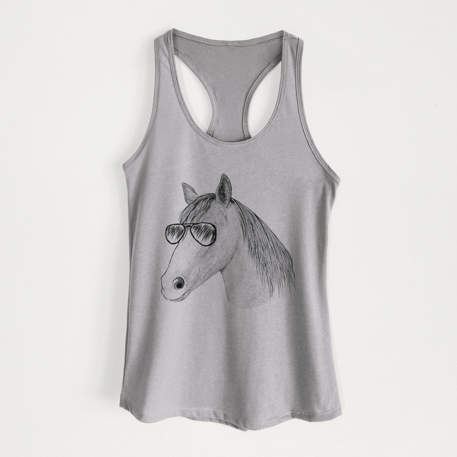 Hand-drawn sketch of Midnight the Missouri Foxtrotter Horse wearing aviator sunglasses on a Heather Grey Women's racerback tanktop