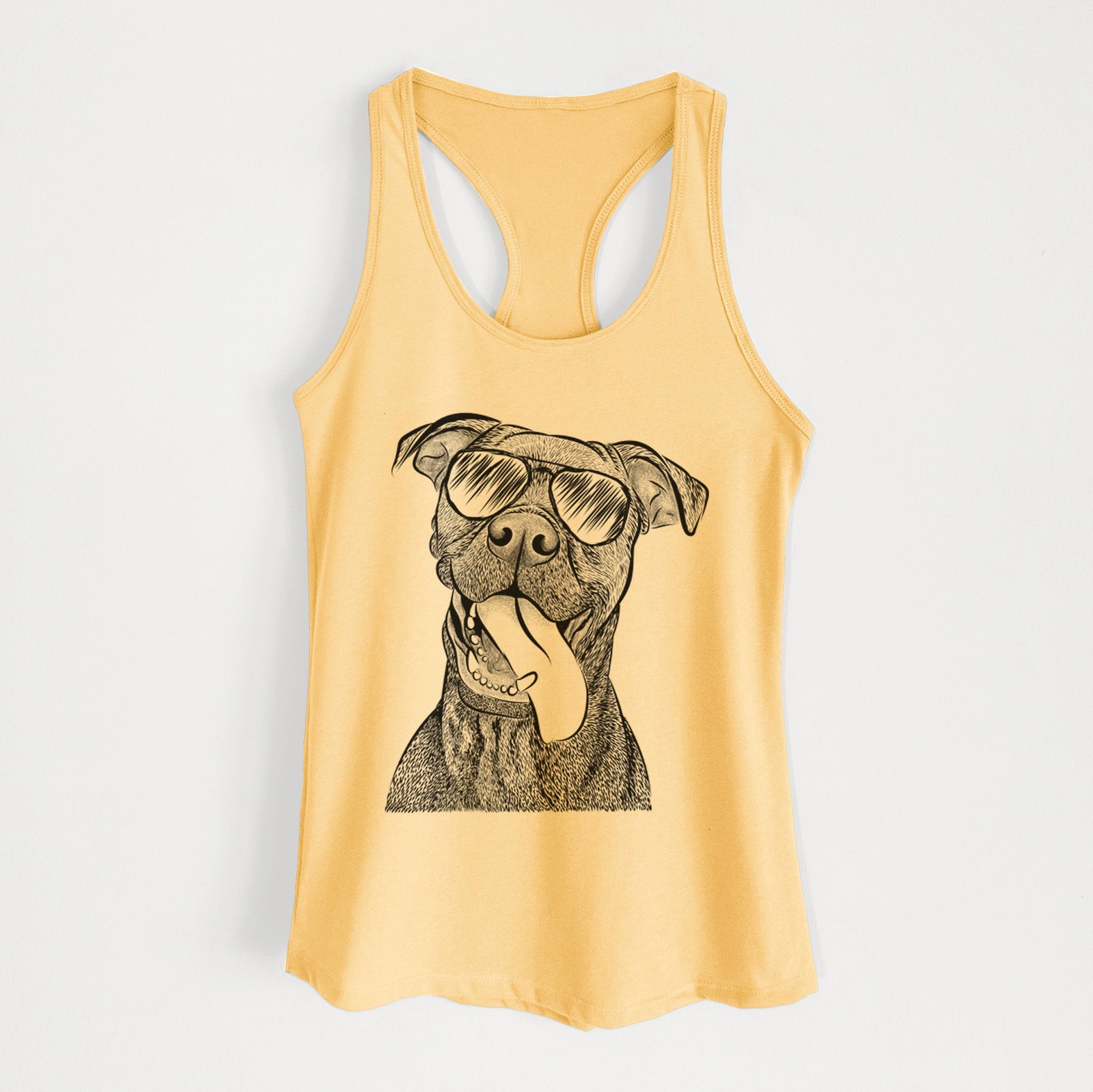 Hand-drawn sketch of Mikey the Boxador wearing aviator sunglasses on a Banana Cream Women's racerback tanktop