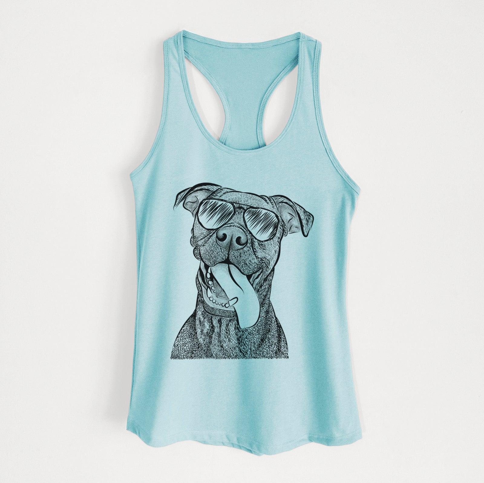 Hand-drawn sketch of Mikey the Boxador wearing aviator sunglasses on a Cancun Blue Women's racerback tanktop