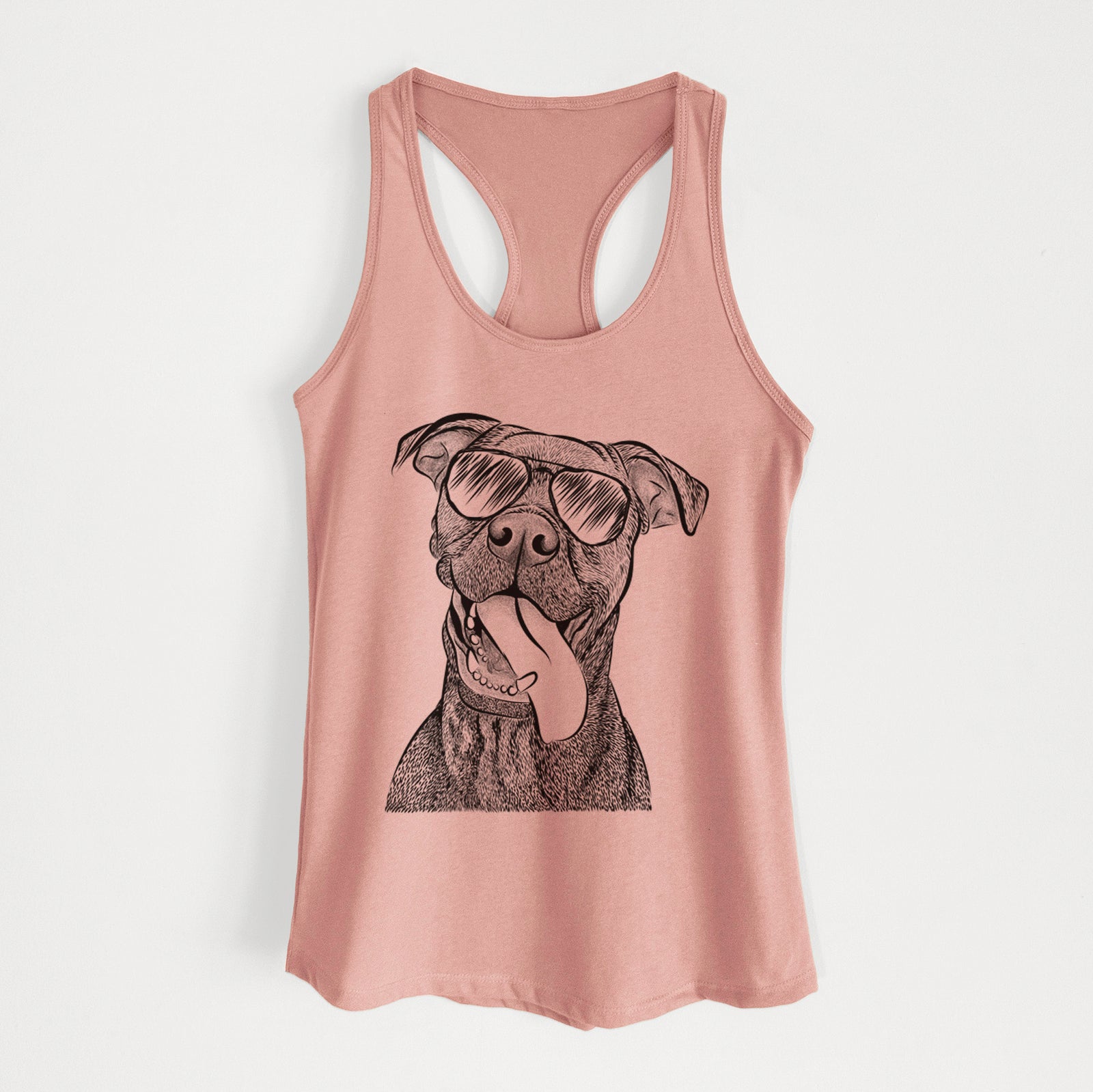 Hand-drawn sketch of Mikey the Boxador wearing aviator sunglasses on a Desert Pink Women's racerback tanktop