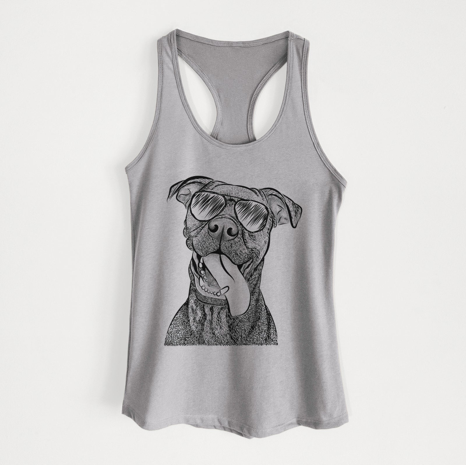 Hand-drawn sketch of Mikey the Boxador wearing aviator sunglasses on a Heather Grey Women's racerback tanktop