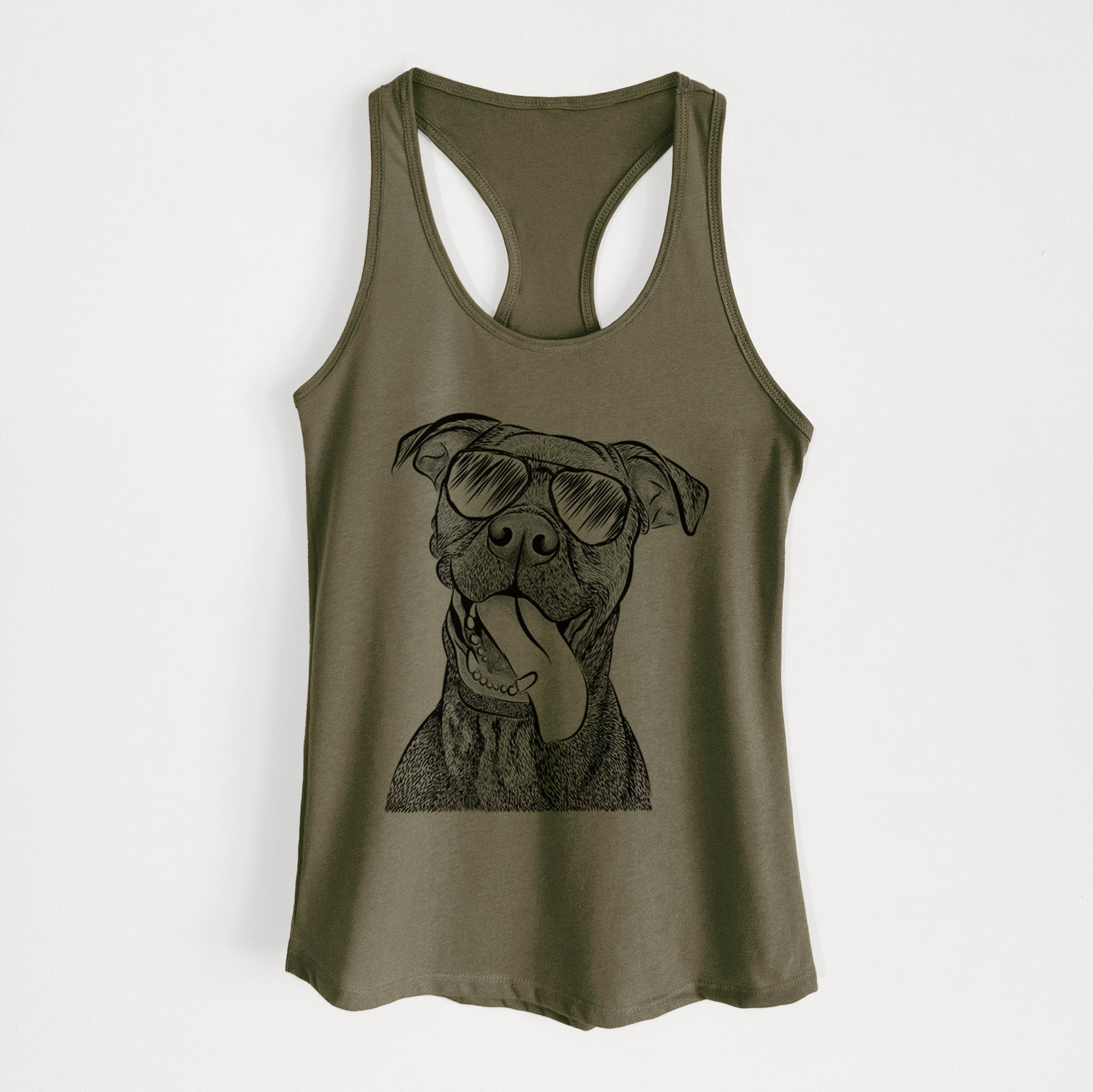 Hand-drawn sketch of Mikey the Boxador wearing aviator sunglasses on a Military Green Women's racerback tanktop
