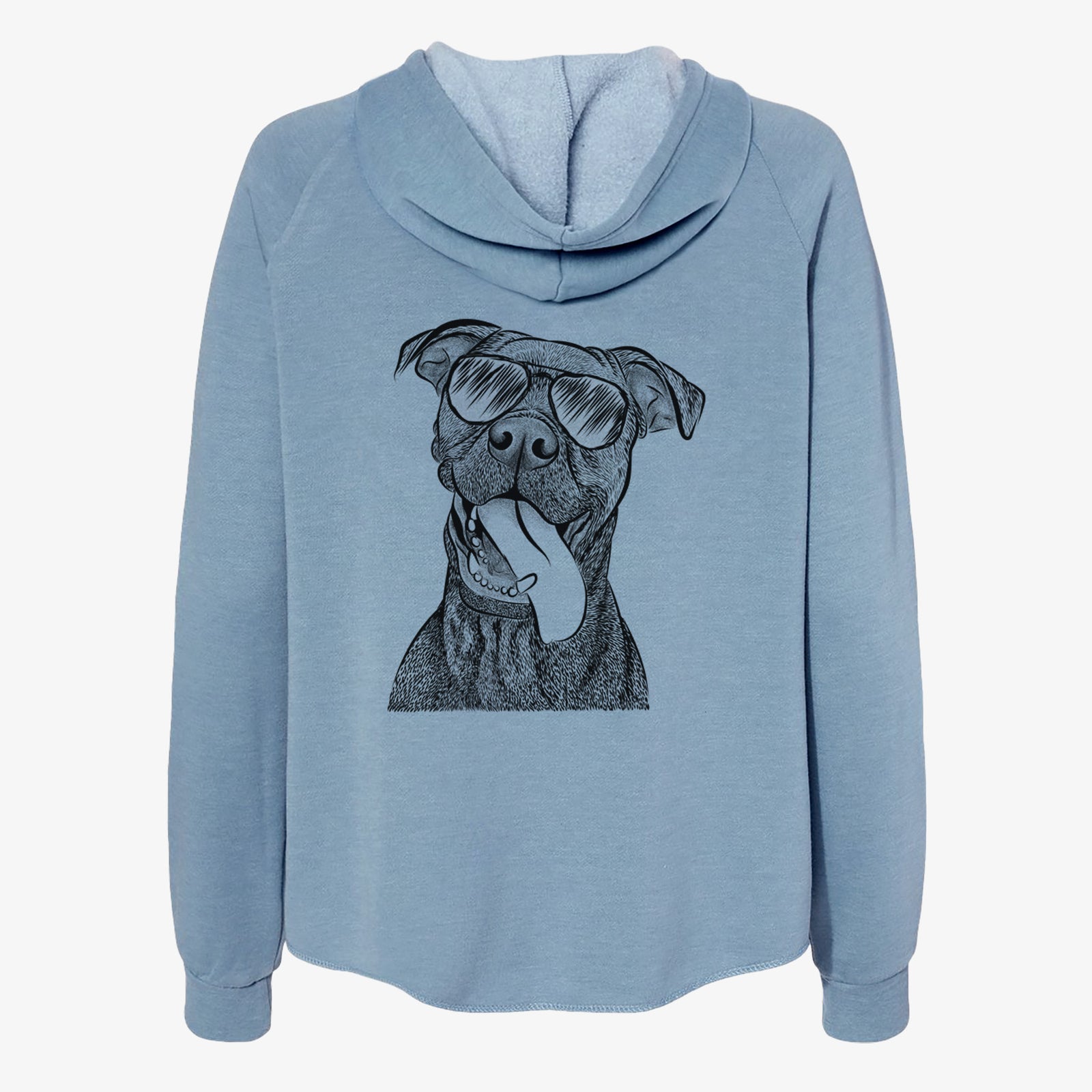 Hand-drawn sketch of Mikey the Boxador wearing aviator sunglasses on a Misty Blue Women's cali wave zip-up sweatshirt