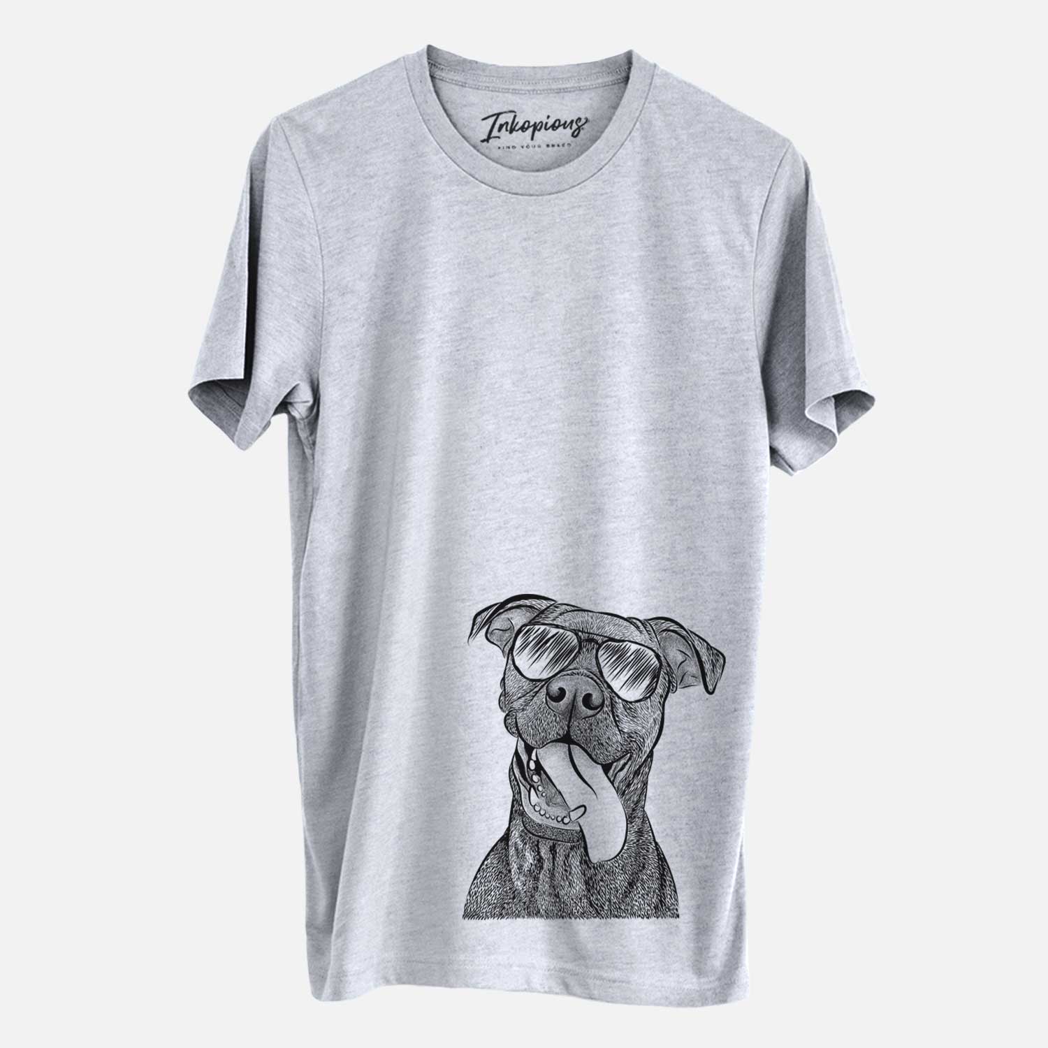 Hand-drawn sketch of Mikey the Boxador wearing aviator sunglasses on a Grey Unisex crewneck