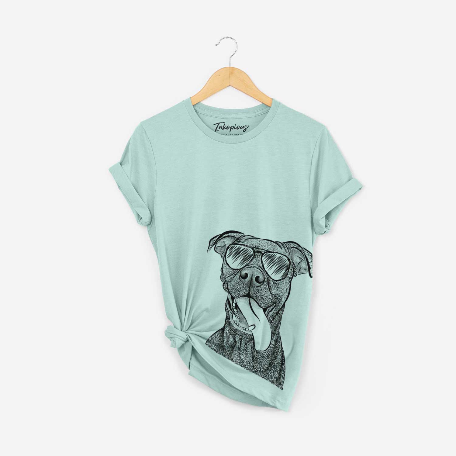 Hand-drawn sketch of Mikey the Boxador wearing aviator sunglasses on a Heather Sage Bella Canvas Unisex Crewneck