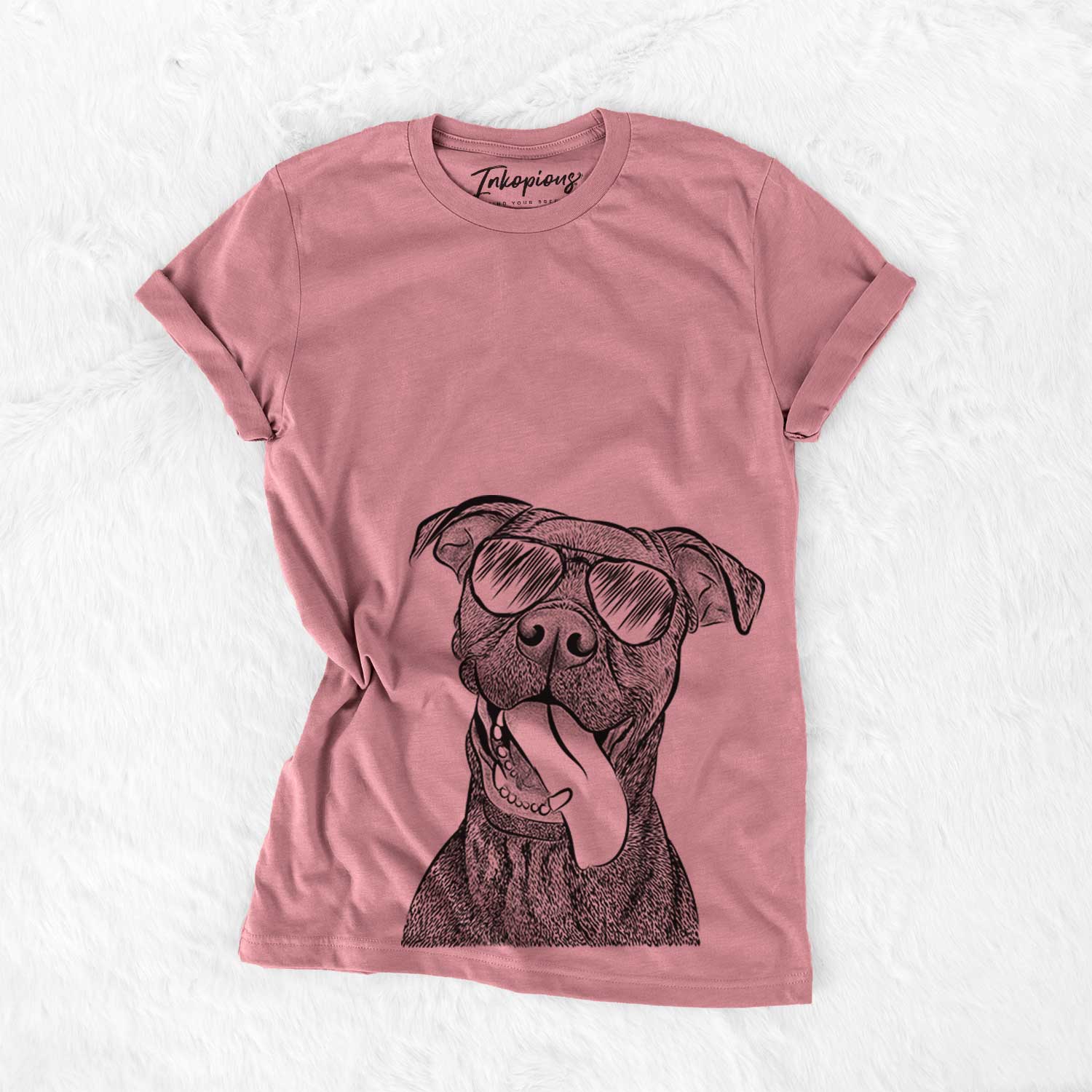 Hand-drawn sketch of Mikey the Boxador wearing aviator sunglasses on a Mauve Bella Canvas Unisex Crewneck