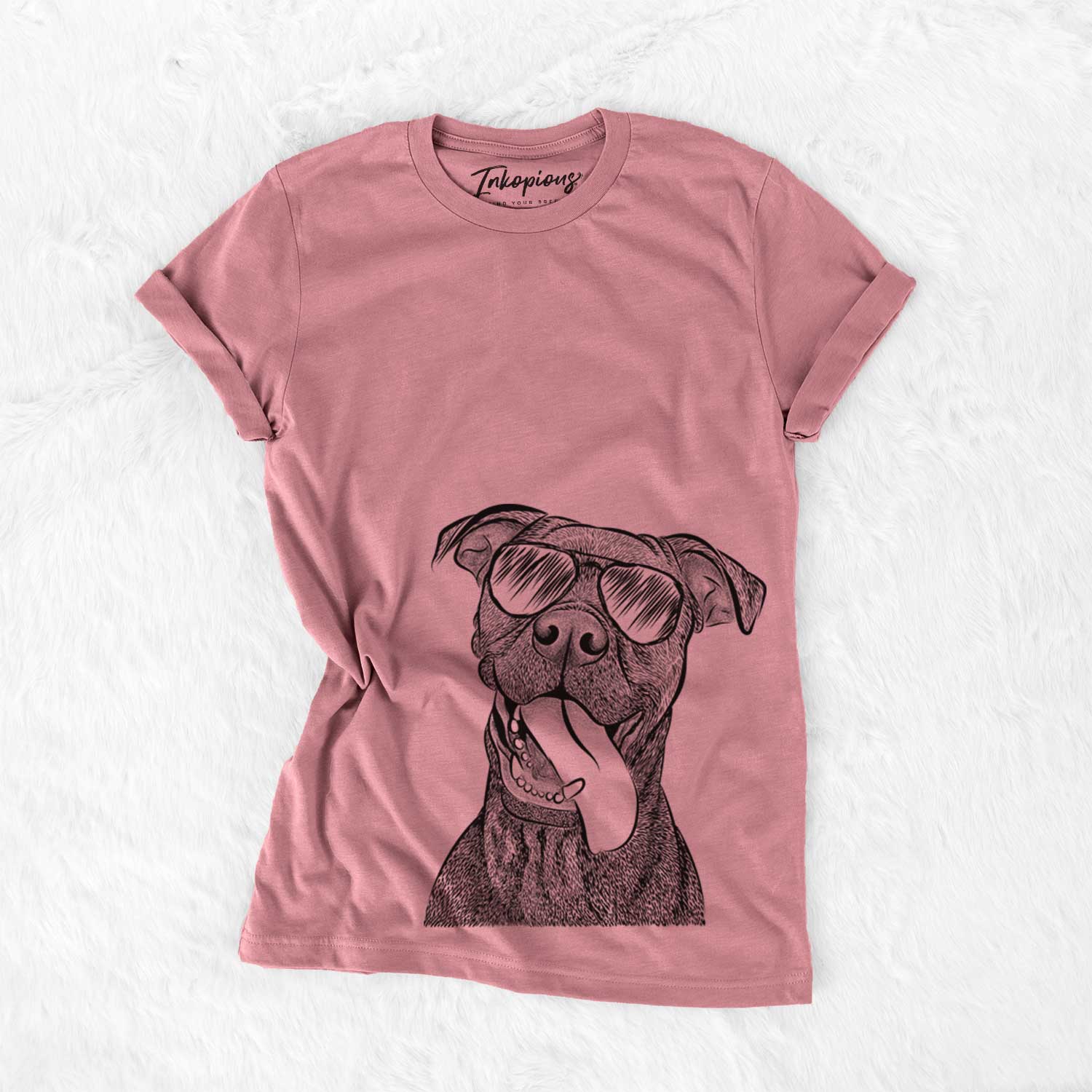 Hand-drawn sketch of Mikey the Boxador wearing aviator sunglasses on a Mauve Unisex crewneck