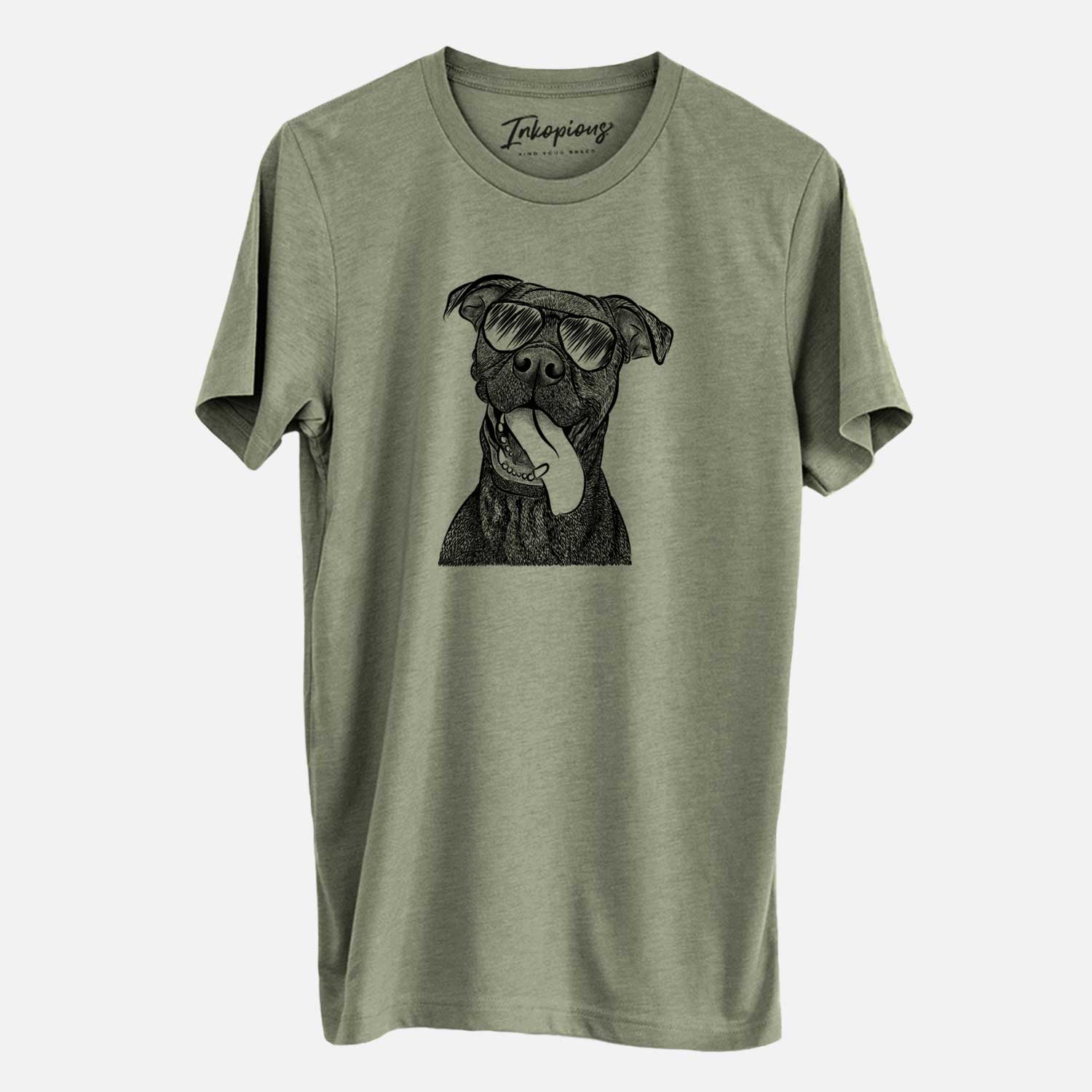 Hand-drawn sketch of Mikey the Boxador wearing aviator sunglasses on an Olive Unisex crewneck