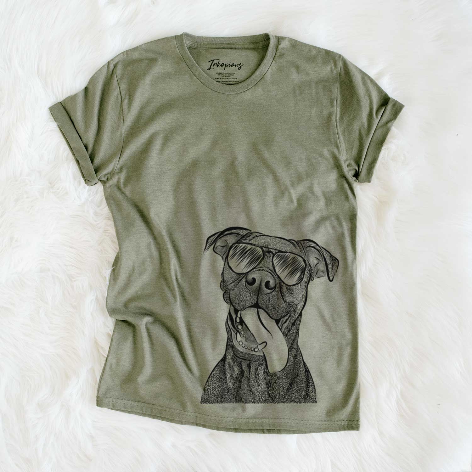 Hand-drawn sketch of Mikey the Boxador wearing aviator sunglasses on an Olive Unisex crewneck