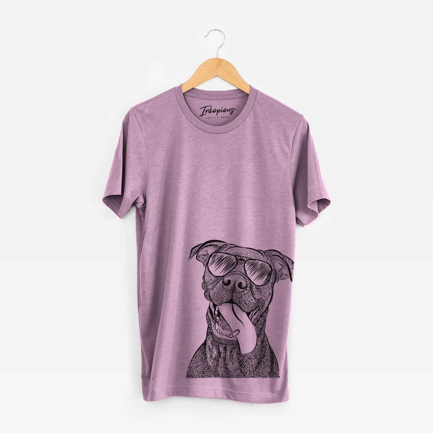 Hand-drawn sketch of Mikey the Boxador wearing aviator sunglasses on an Orchid Bella Canvas Unisex Crewneck