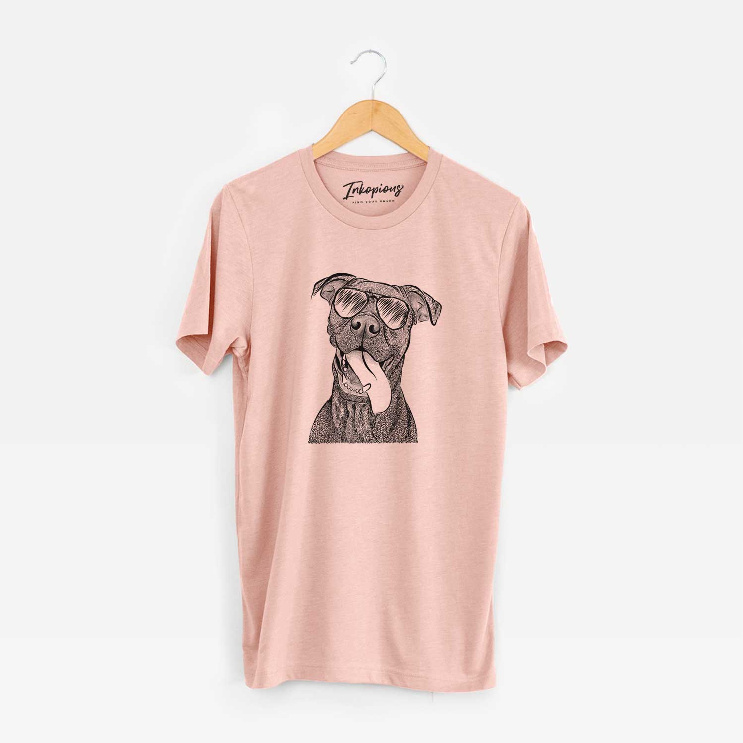Hand-drawn sketch of Mikey the Boxador wearing aviator sunglasses on a Peach Unisex crewneck