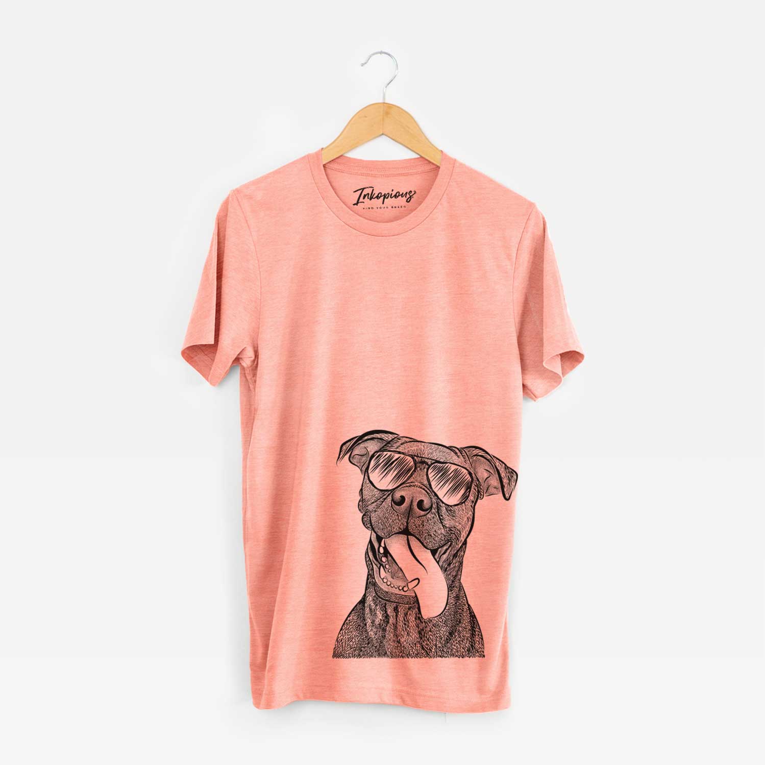 Hand-drawn sketch of Mikey the Boxador wearing aviator sunglasses on a Sunset Unisex crewneck
