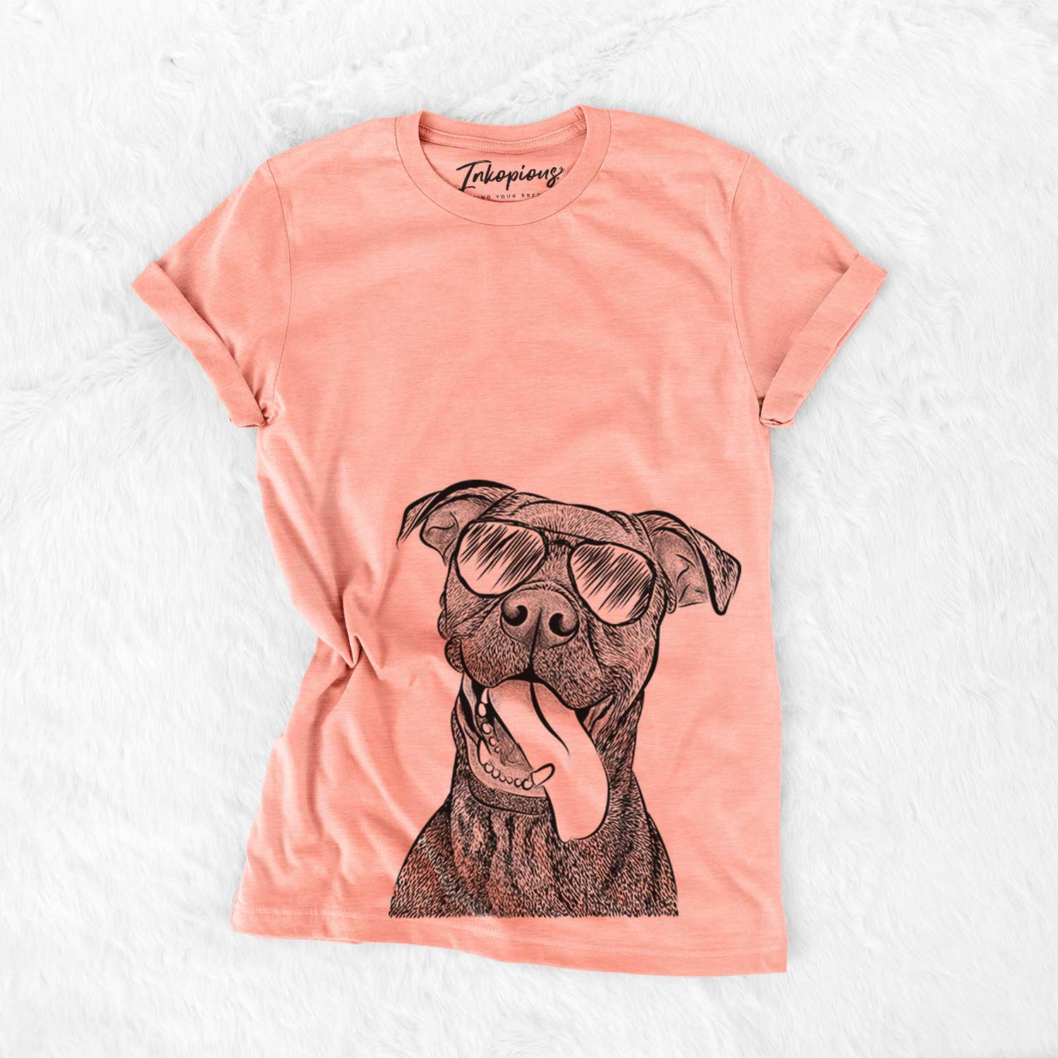 Hand-drawn sketch of Mikey the Boxador wearing aviator sunglasses on a Sunset Bella Canvas Unisex Crewneck