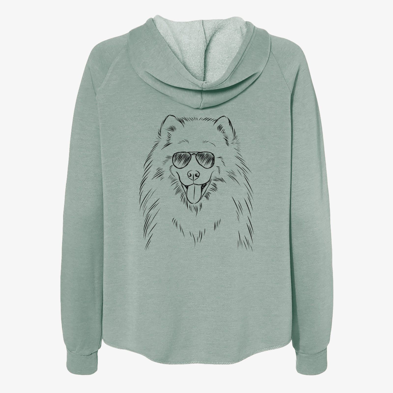 Hand-drawn sketch of Mikko the Samoyed wearing aviator sunglasses on a Sage Women's cali wave zip-up sweatshirt