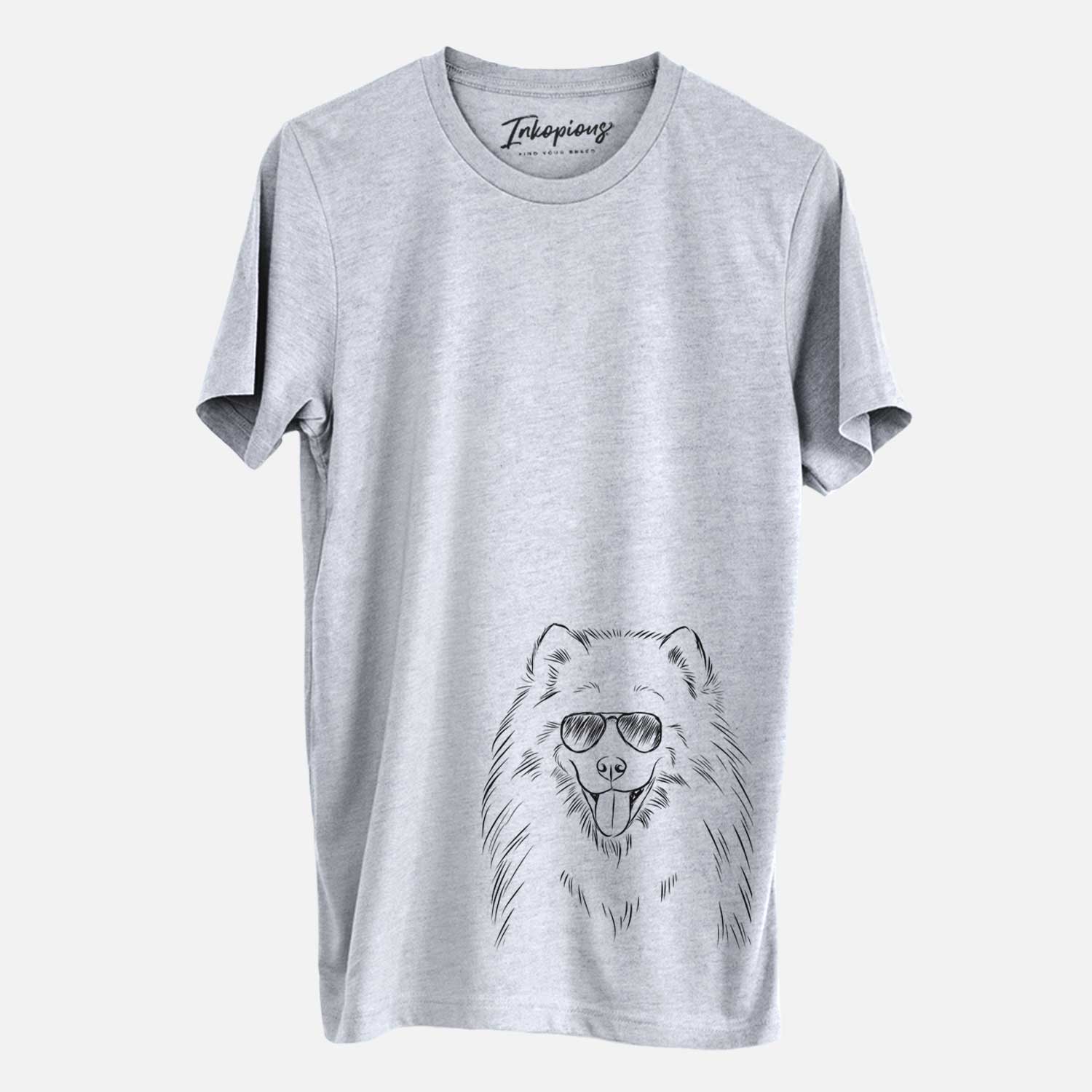 Hand-drawn sketch of Mikko the Samoyed wearing aviator sunglasses on a Grey Unisex crewneck