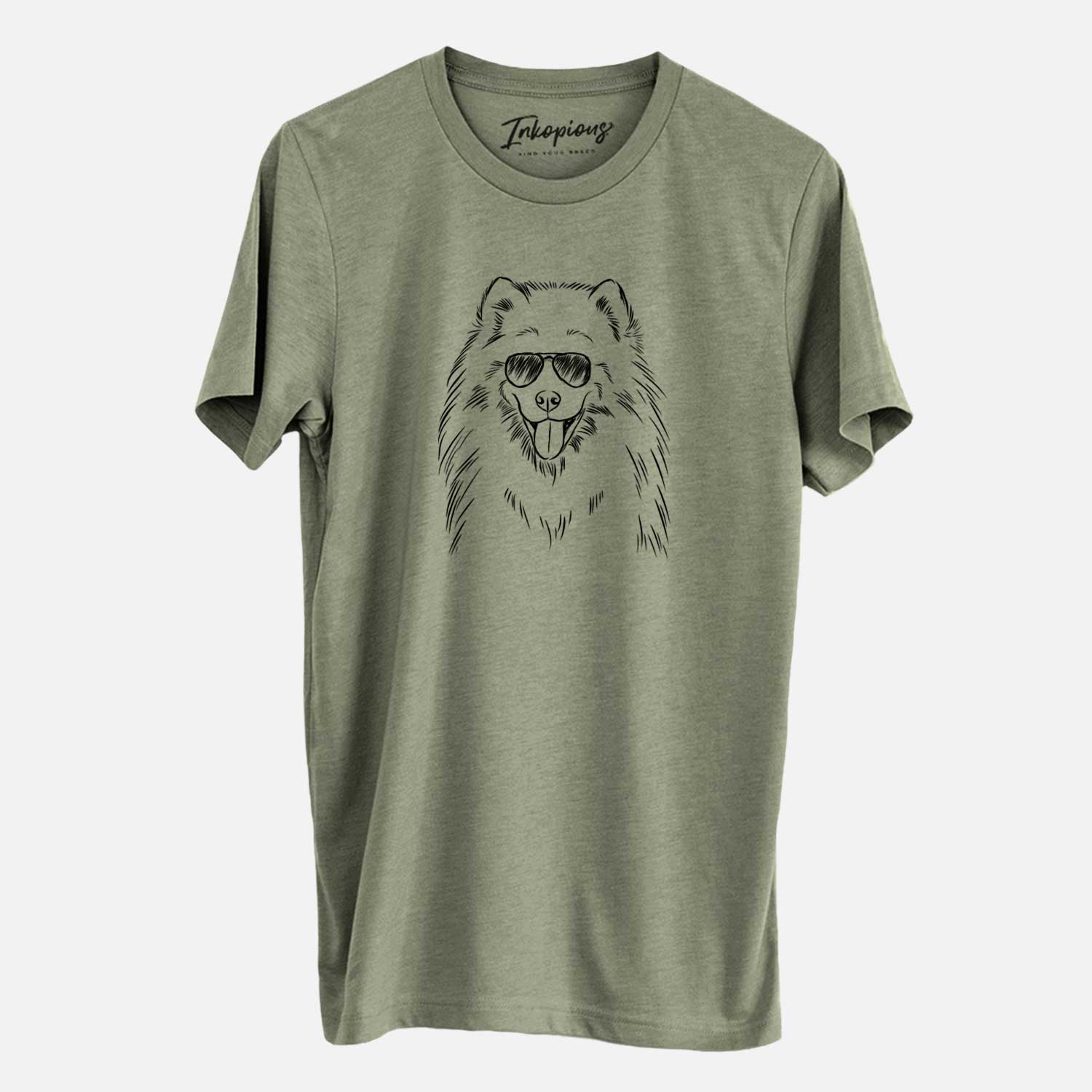 Hand-drawn sketch of Mikko the Samoyed wearing aviator sunglasses on an Olive Unisex crewneck