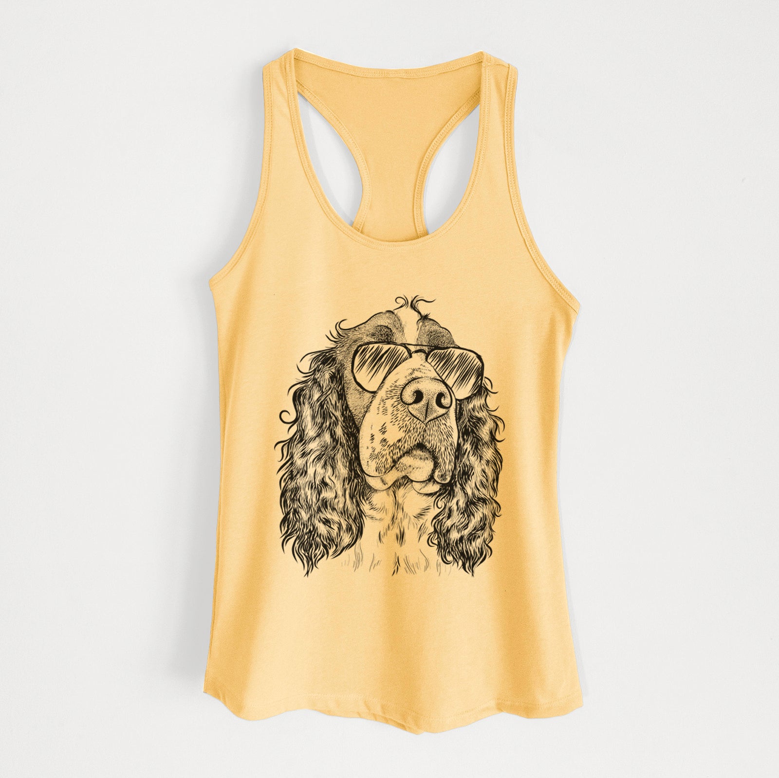 Hand-drawn sketch of Millie Mae the English Springer Spaniel wearing aviator sunglasses on a Banana Cream Women's racerback tanktop