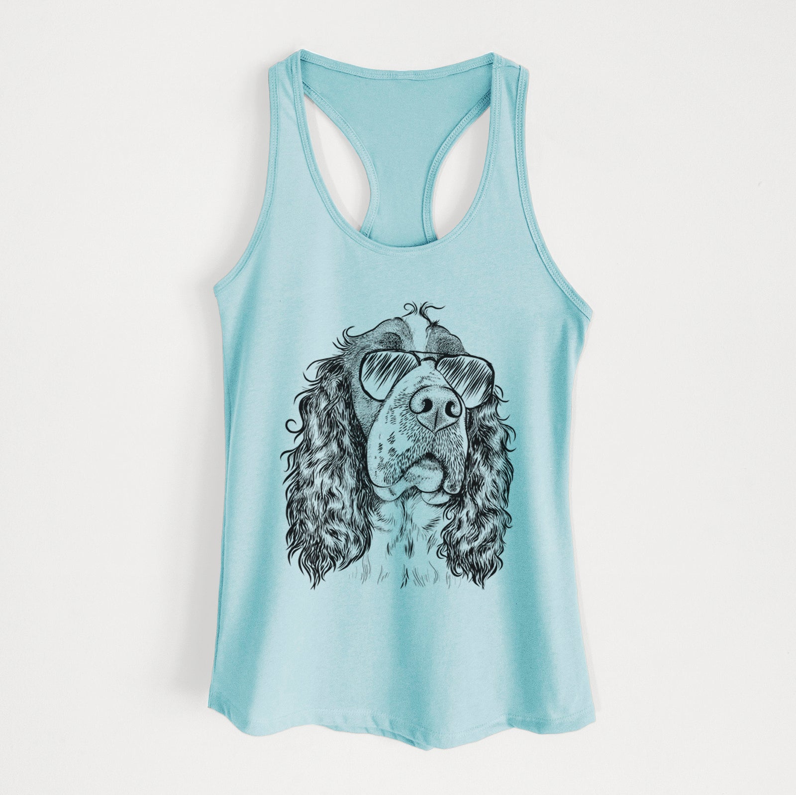 Hand-drawn sketch of Millie Mae the English Springer Spaniel wearing aviator sunglasses on a Cancun Blue Women's racerback tanktop