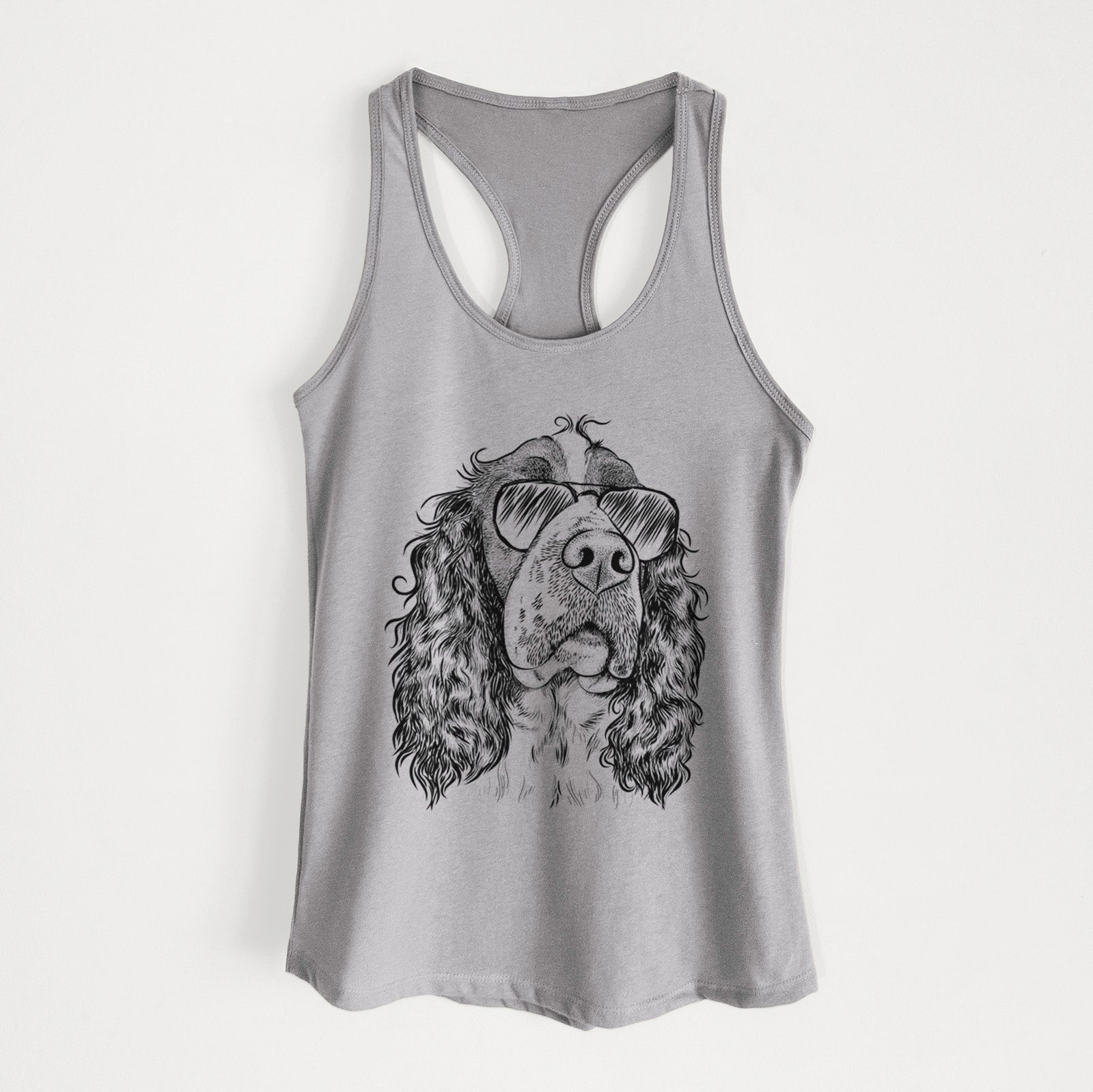 Hand-drawn sketch of Millie Mae the English Springer Spaniel wearing aviator sunglasses on a Heather Grey Women's racerback tanktop