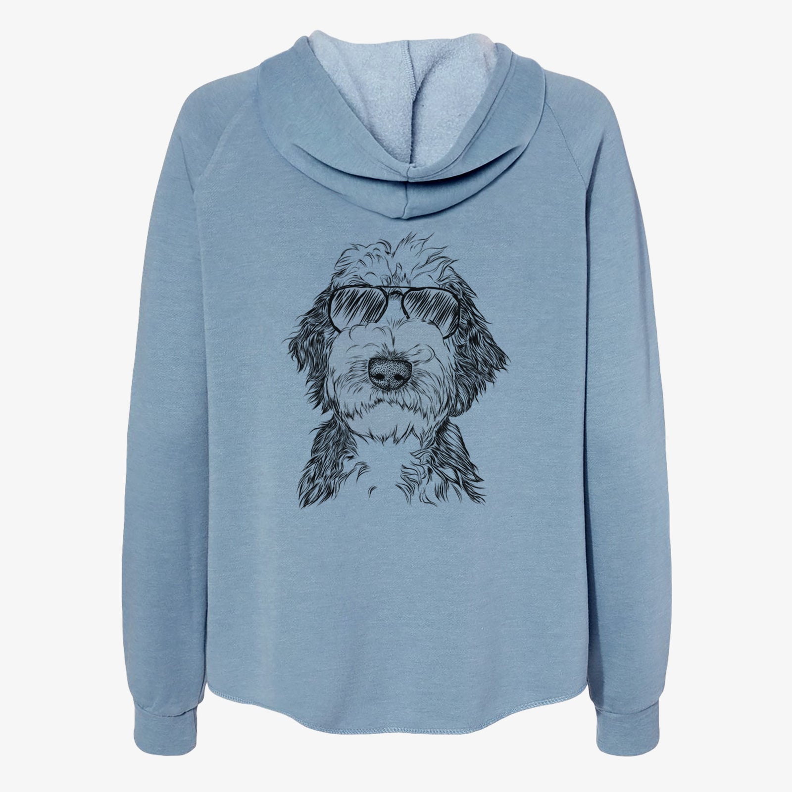 Hand-drawn sketch of Milo Fluff the Sheepadoodle wearing aviator sunglasses on a Misty Blue Women's cali wave zip-up sweatshirt